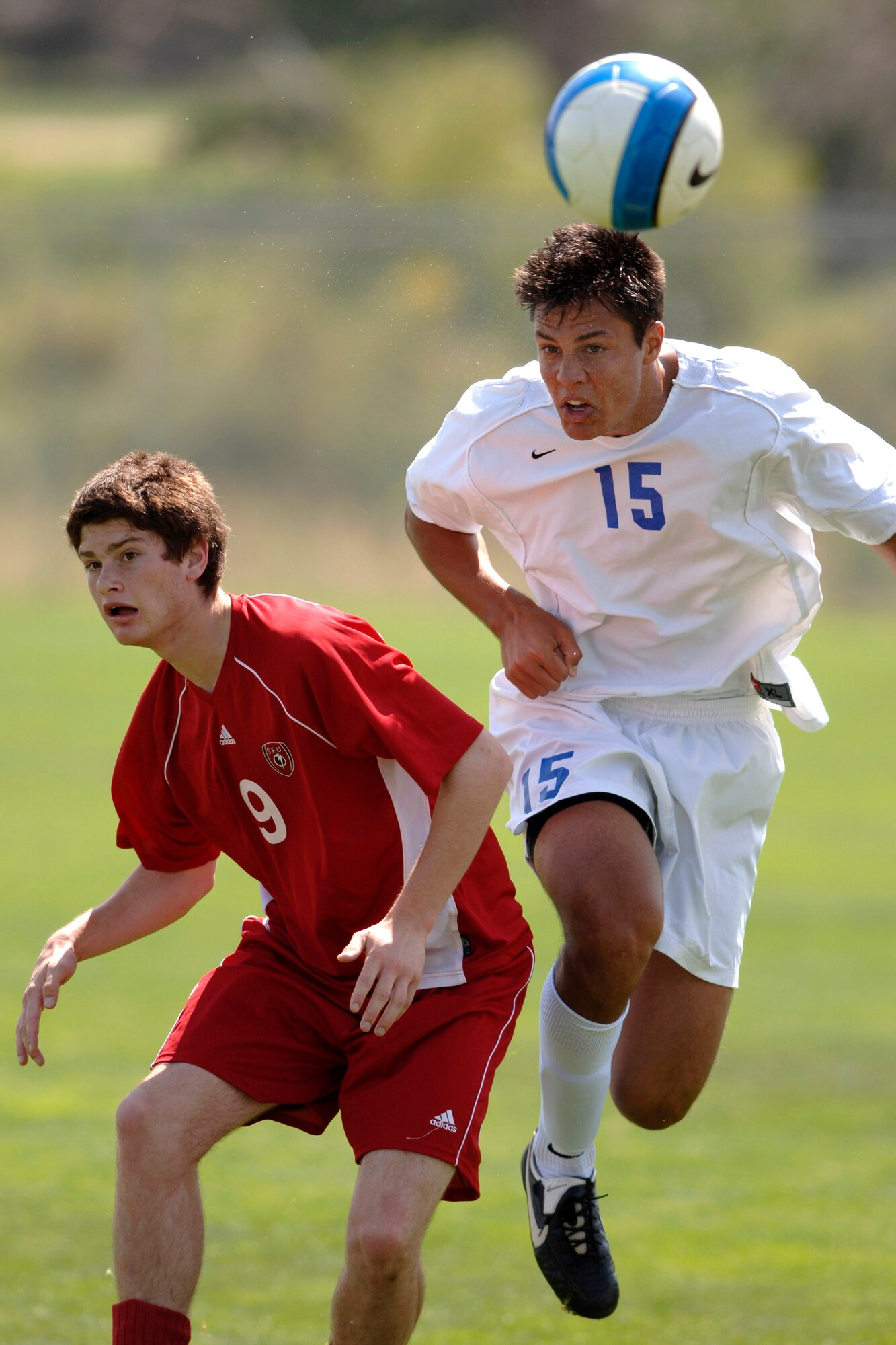 Sophomore Aaron Eshkenazi heads the ball as Air Force posts its second consecutive shutout with a 1-0 victory over St. Francis University in men's soccer action Sept. 9 at the U.S. Air Force Academy Cadet Soccer Stadium in Colorado Springs, Colo. With the victory, Air Force improved to 2-2 this season, while St. Francis fell to 1-3. (U.S. Air Force photo/Mike Kaplan)