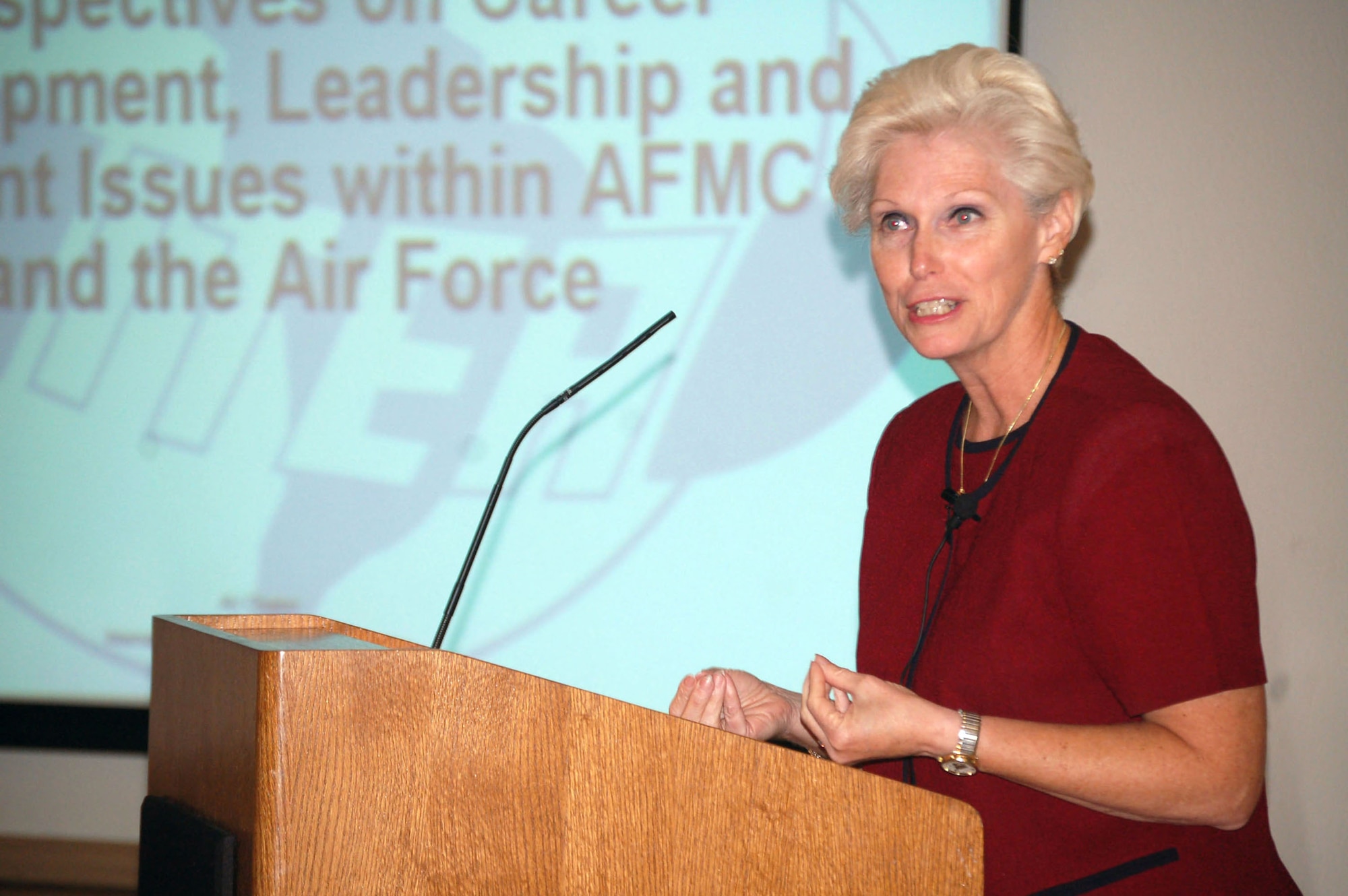 Barbara Westgate discusses the increasing cost of military health care with attendees from the International Test and Evaluation Association Antelope Valley Chapter Sept. 5 at Edwards Air Force Base, Calif. Mrs. Westgate, the Air Force Materiel Command executive director, also talked about recapitalization and the new permanent change of station guidelines. (U.S. Air Force photo/Airman 1st Class Julius Delos Reyes) 