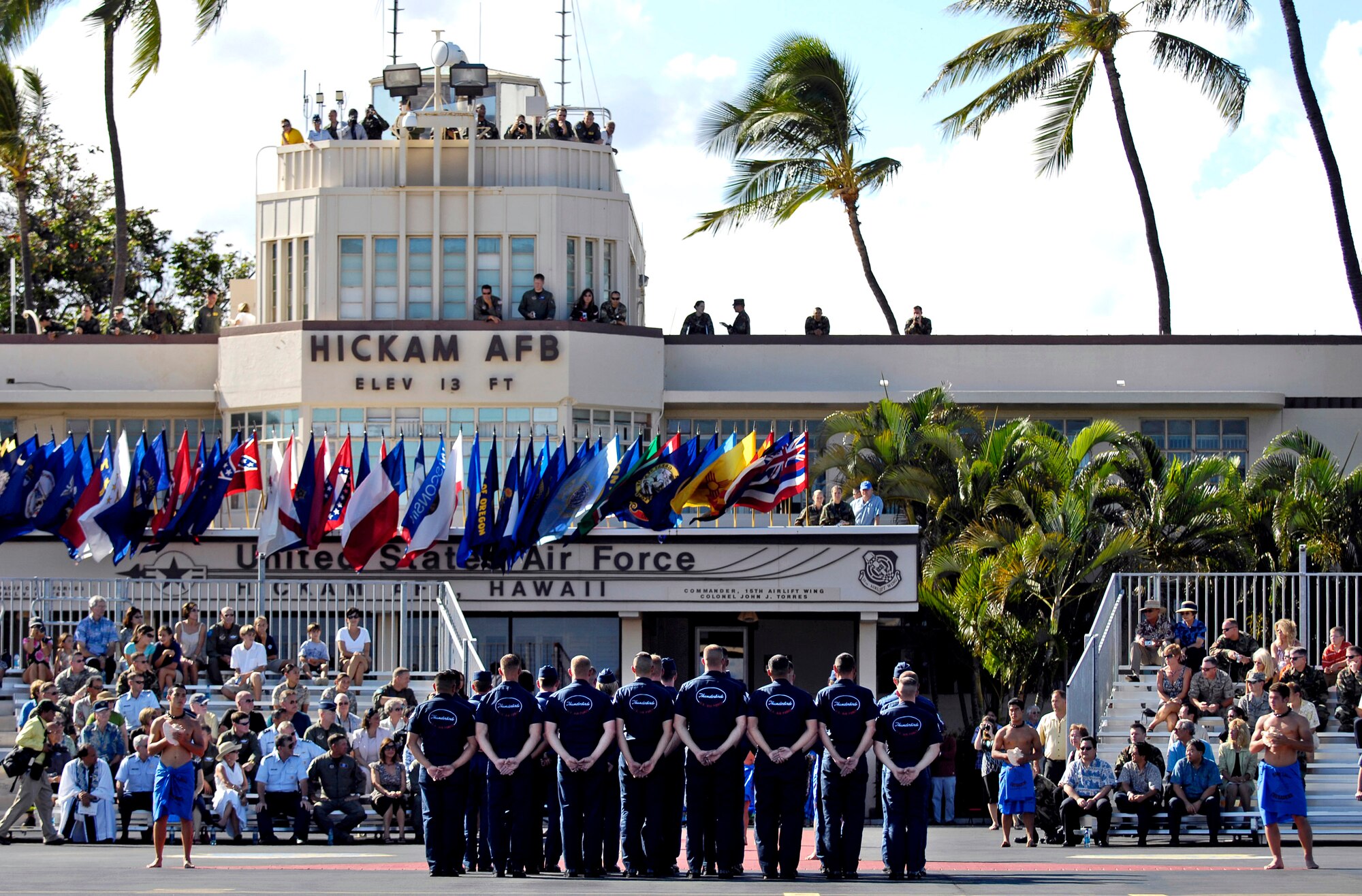 The Air Force Air Demonstration Squadron, the Thunderbirds, is welcomed to Hickam Air Force Base, Hawaii, Sept. 12. The team is performing as part of Air Force Week Honolulu, which runs Sept. 8 through 15. (U.S. Air Force photo/Tech. Sgt. Shane A. Cuomo) 

