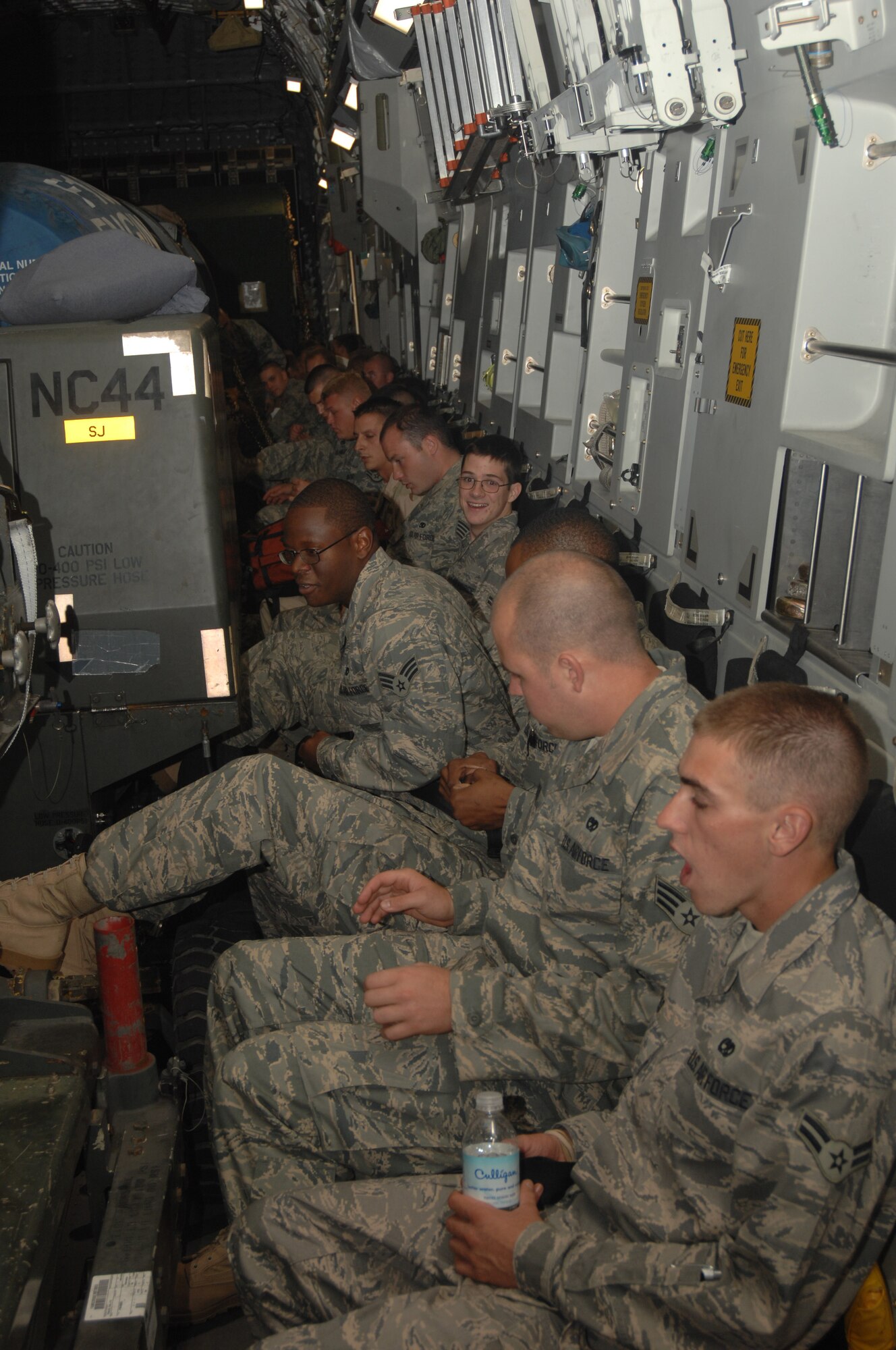 SEYMOUR JOHNSON AFB, N.C. ? Airmen from the 4th Fighter Wing wait in a C-17 for their departure on Sept. 14, 2007 at Seymour Johnson AFB, N.C.  The Airmen are deploying to Southwest Asia in support of the Global War on Terror.  (US Air Force photo by Senior Airman Chad Trujillo)(released)