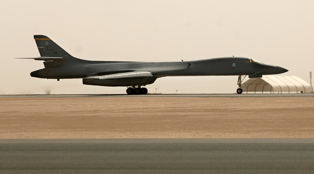 A B1-B Lancer takes off from a base in Southwest Asia on a mission to support coalition forces fighting in Iraq.  (U. S. Air Force photo/Tech. Sgt. Cecilio M. Ricardo Jr.) 

