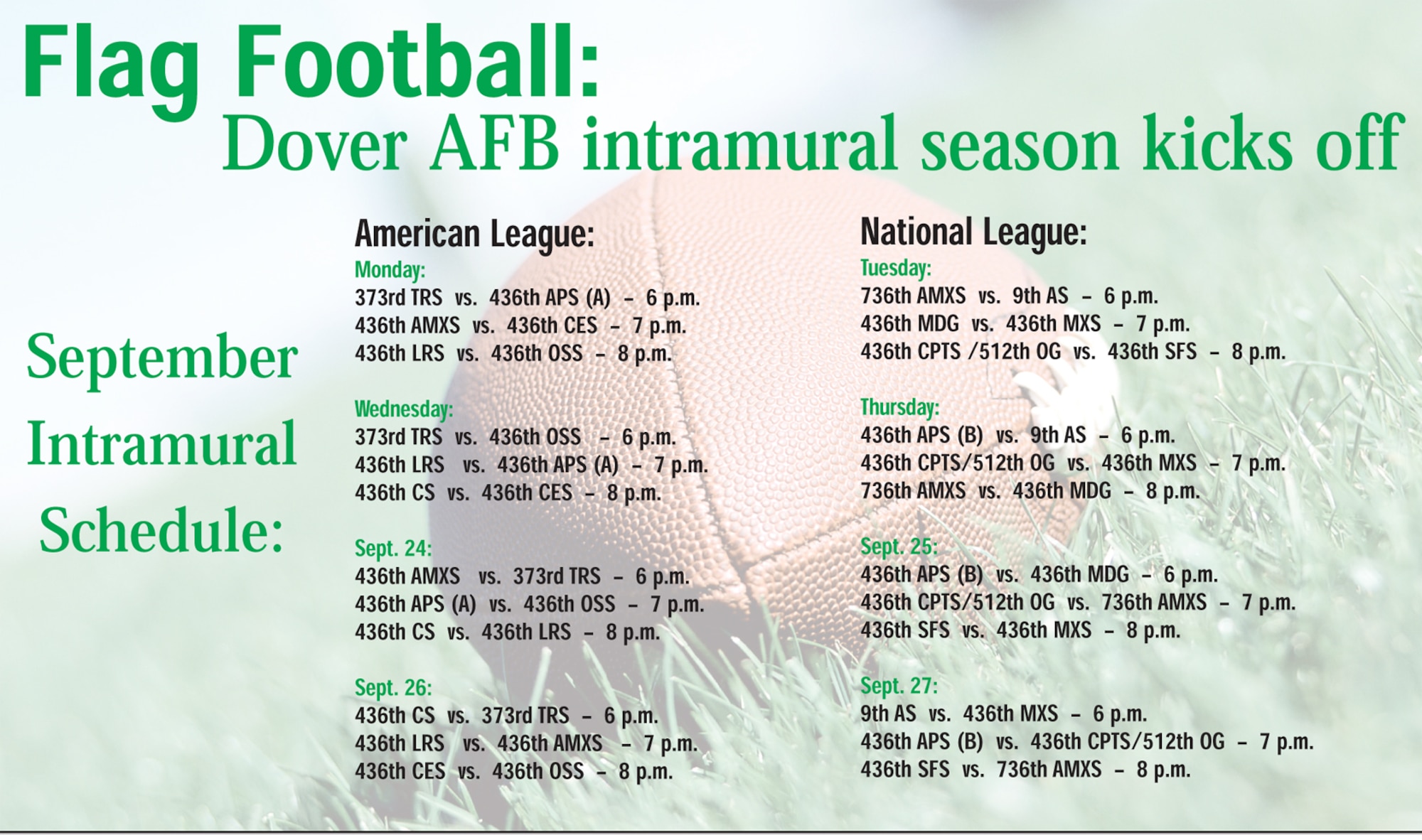 Dover Air Force Base intramural flag football schedule for September. (Photo illustration/Tech. Sgt. Kevin Wallace)