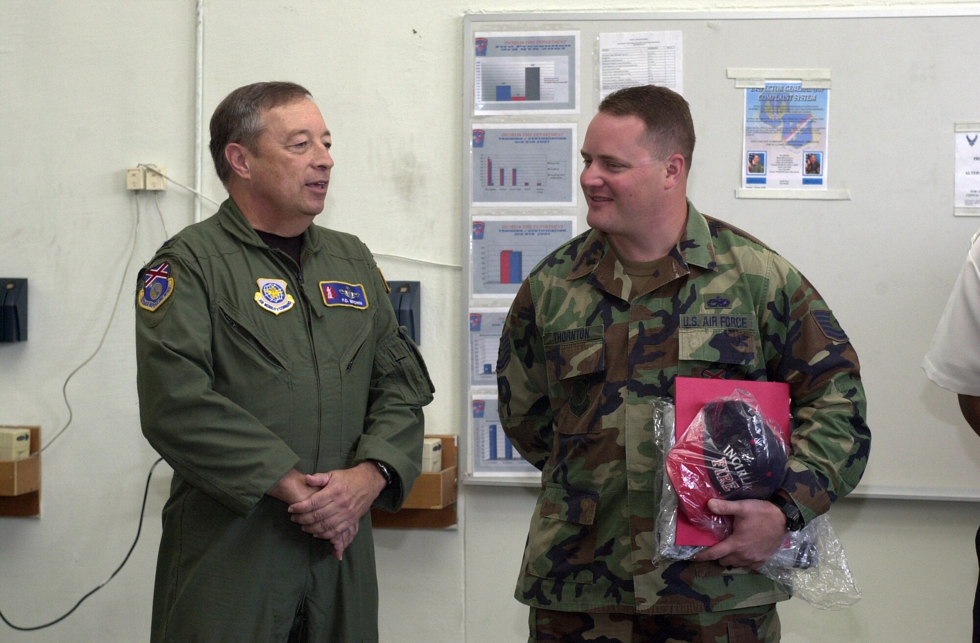 Col. Paul Brown, 90th Expeditionary Aerial Refueling Squadron commander, speaks about Tech. Sgt. Brian Thornton’s, 90th EARS, actions when he put out a fire Sept. 6 in tent city. The fire damage could have cost more than $514,000, but Sergeant Thornton’s quick thinking limited the damage to only $1,313.(U.S. Air Force courtesy photo)