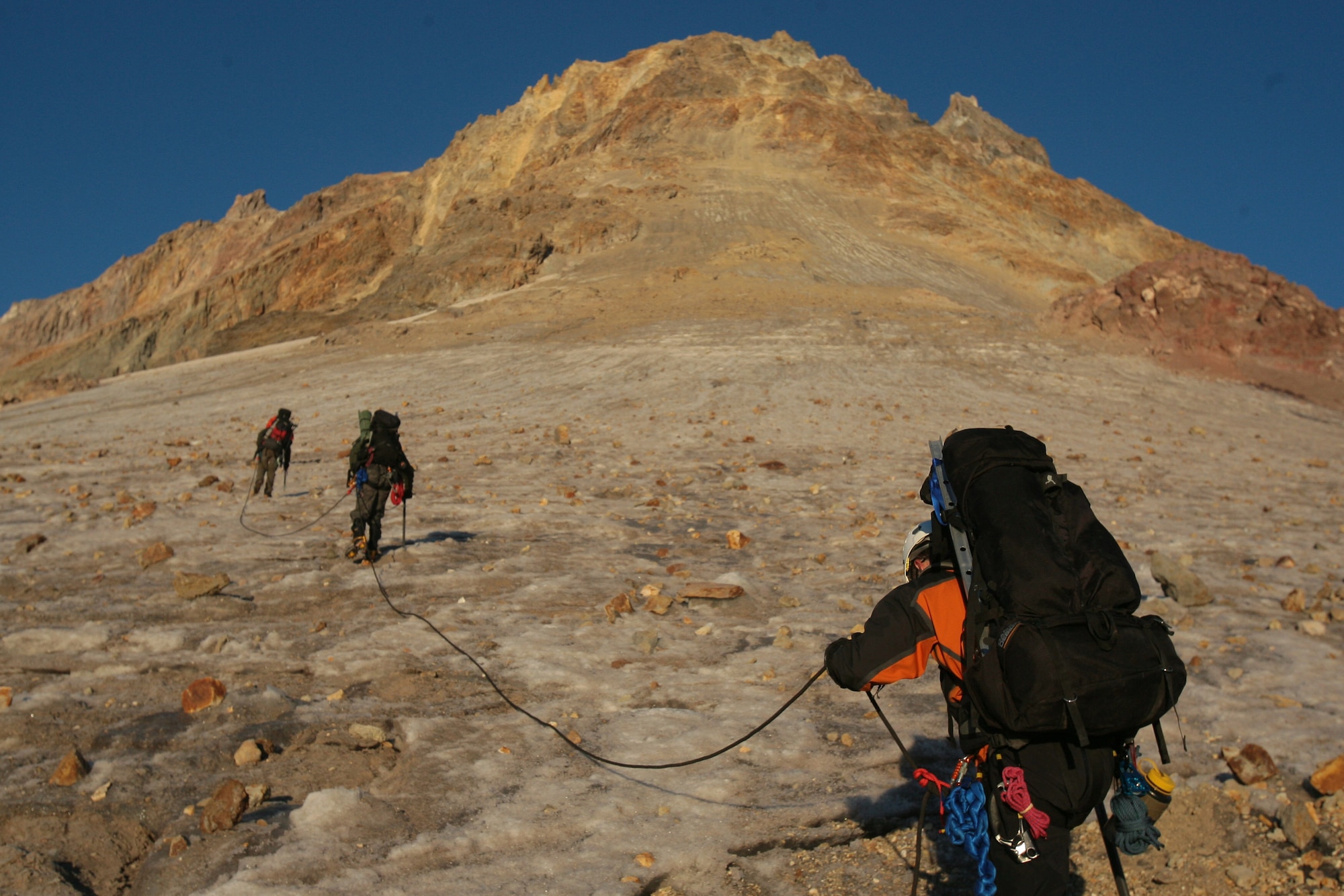 Air Force Reserve pararescuemen climb Oregon's Mount Hood September 8 as part of massive search effort for two climbers presumed killed during a fierce Decemeber snowstorm.  The seven Airmen are from the 920th Rescue Wing and are part of an elite group of men trained to parachute, climb, and scuba dive when necessry to make the most difficult civilian and military rescues.