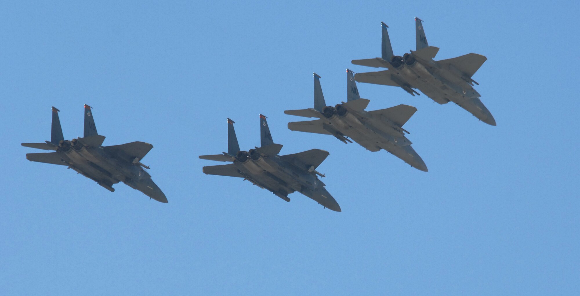 MOUNTAIN HOME AIR FORCE BASE, Idaho -- F-15C Eagles and F-15E Strike Eagles kick off the 60th anniversary celebration here Sept. 14 with an opening fly over. Local community members joined Gunfighters to celebrate the Air Force’s heritage from noon to 6 p.m. Events included a short demonstration with an A-10 Hercules and P-51 Mustang, military working dog demonstrations, munitions loads and the fire department’s wall of water demonstration. Squadron exhibits were also displayed throughout the day. (U.S. Air Force photo/Airman 1st Class Ryan Crane)