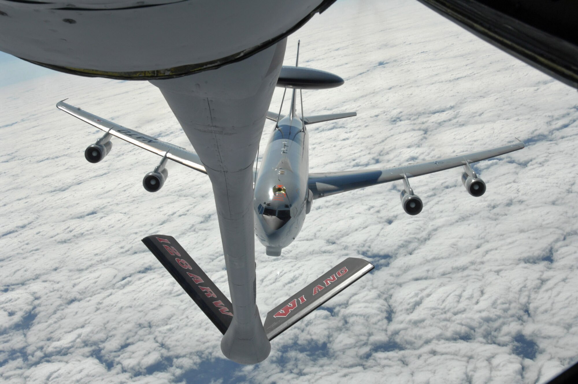 An E-3 Sentry lines up to be refueled by a KC-135 Stratotanker Sept. 13 over Germany. The KC-135 is from the 126th Air Refueling Squadron from the Wisconsin Air National Guard at Gen. Mitchell International Airport in Milwaukee, and is operating out of Spangdahlem Air Base, Germany, for a two-week mission to support NATO operations. (U.S. Air Force photo/Senior Airman Josie Kemp) 
