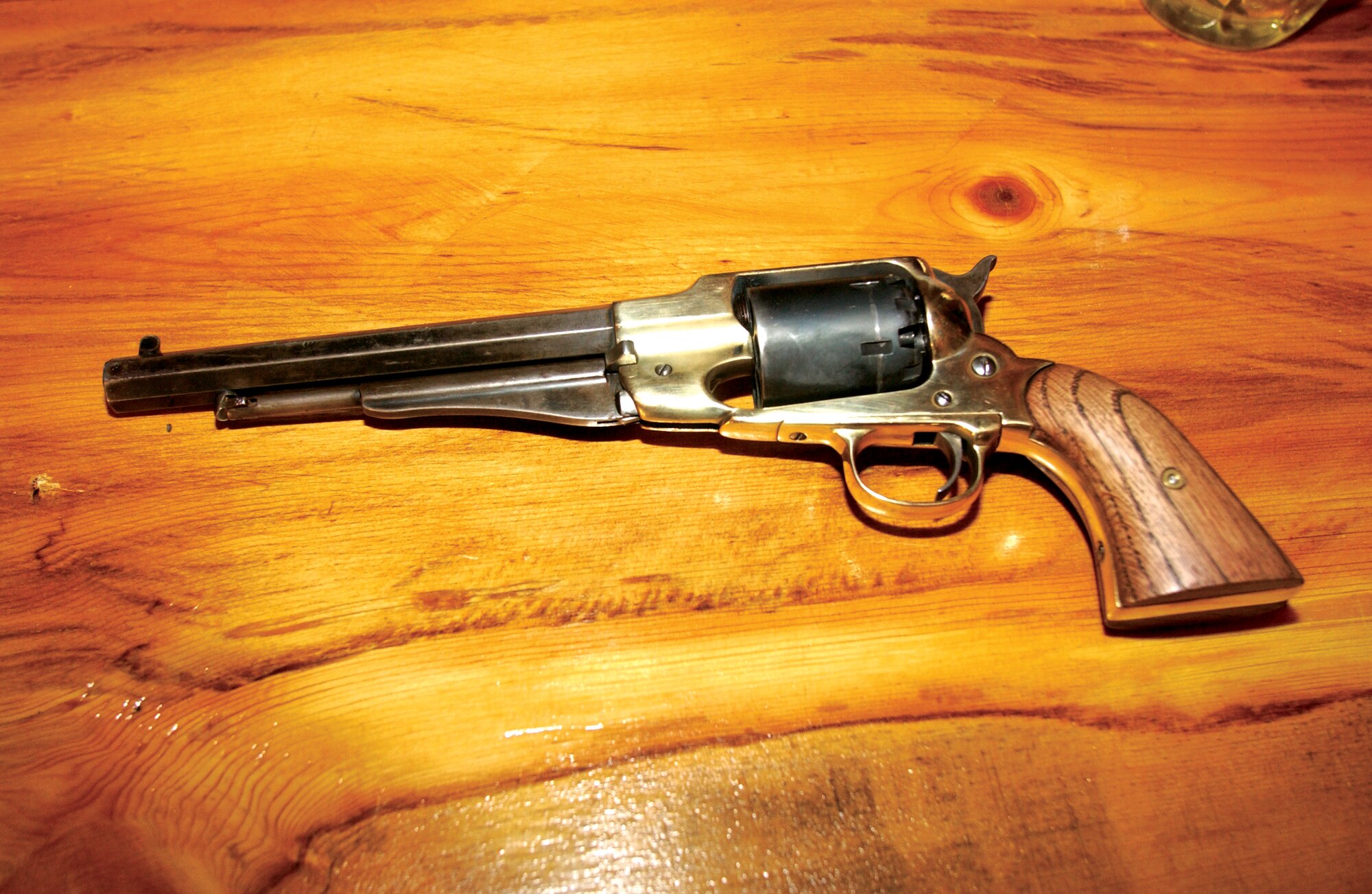 Concho Creek Kid’s 1858 Remmington.  Sergeant Higginson owns this brass framed
Confederate version for one of his characters with it’s black powder cap and ball, primitive ignition and custom made cherry oak grip. (U.S. Air Force photo by Amy Abbott)