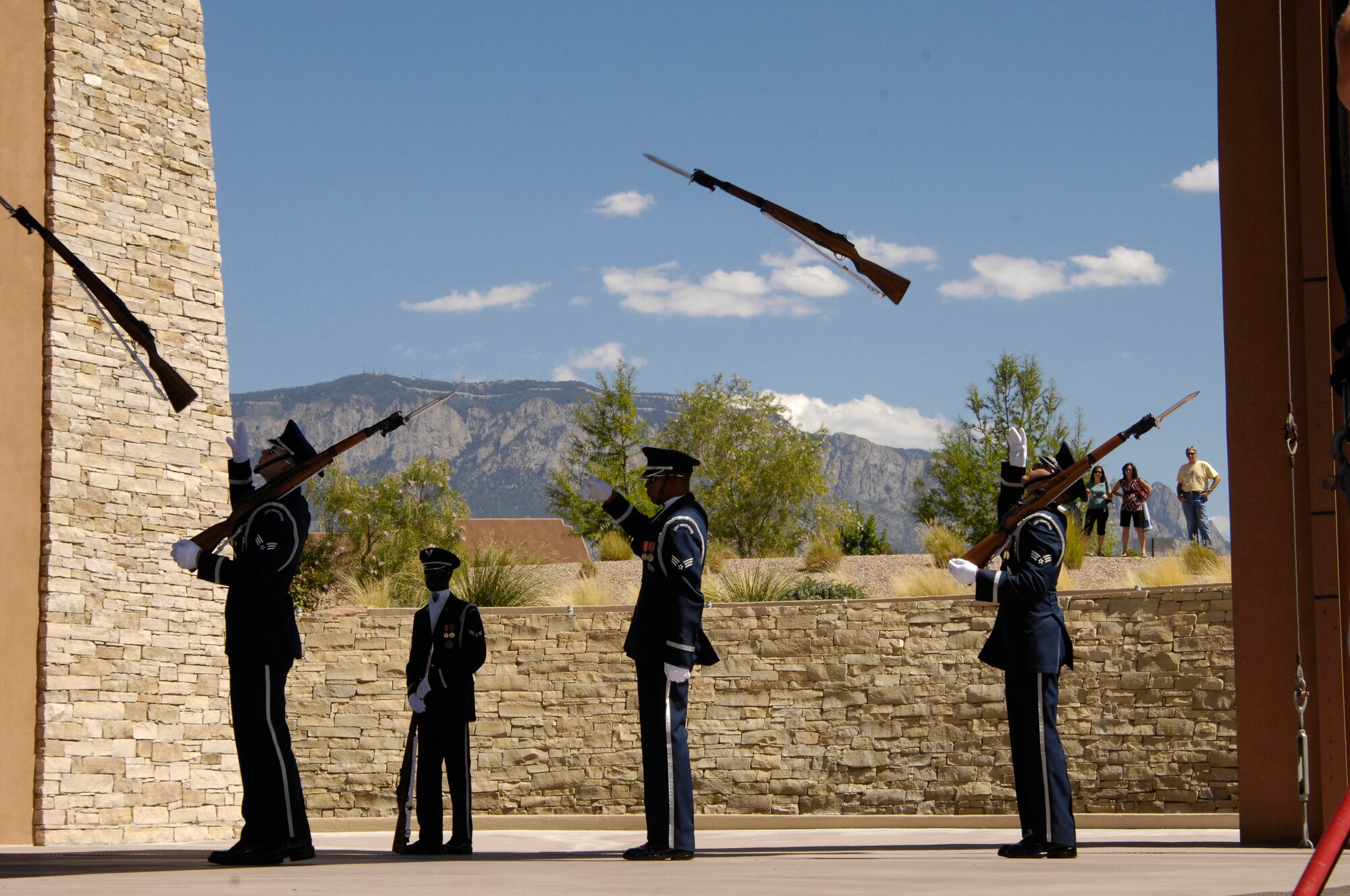 The USAF Honor Guard Drill Team performs at the Sandia Resort in Albuquerque, New Mexico for the statewide celebration of the AF Birthday. During their recent tour, the Drill Team joined all three major AF installations in New Mexico for their joint AF Ball and then the NFL at the Carolina Panthers game, focused on their mission to recruit, retain and inspire while celebrating the AF's 60th Birthday.(U.S. Air Force photo by Senior Airman Daniel DeCook)(Released)