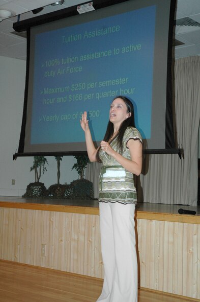 Melissa Laferriere, 341st Mission Support Squadron education advisor, briefs a room of senior NCOs about the new Air University Associate-to-Baccalaureate Cooperative, or AU-ABC, Program Sept. 10 at the Grizzly Bend Club. Ms. Laferriere speaks regularly to enlisted Airmen about Community College of the Air Force and AU-ABC opportunities available through the education center. (U.S. Air Force photo/Senior Airman Eydie Sakura).