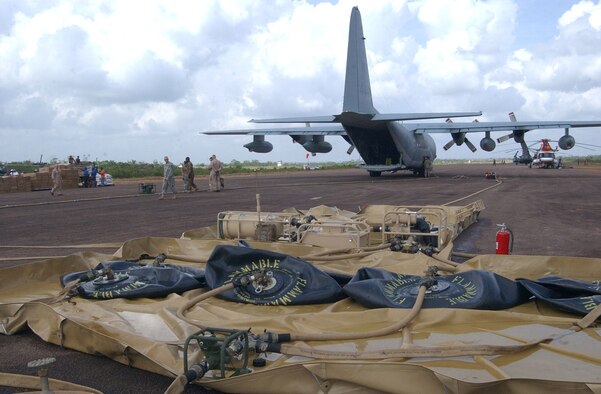 PUERTO CABEZAS, Nicaragua – A U.S. Marine Corps KC-130 assigned to the Marine Aerial Refueler Transport Squadron 452 (VMGR-452), delivers fuel for hurricane relief missions following landfall of Hurricane Felix.  The KC-130 pumped 3,500 gallons of jet fuel into an Advanced Aviation Forward Area Refueling System here that was set up by soldiers from the 1st Battalion, 228th Aviation Regiment from Joint Task Force-Bravo at Soto Cano Air Base, Honduras.  (U.S. Air Force photo by Tech. Sgt. Sonny Cohrs)
