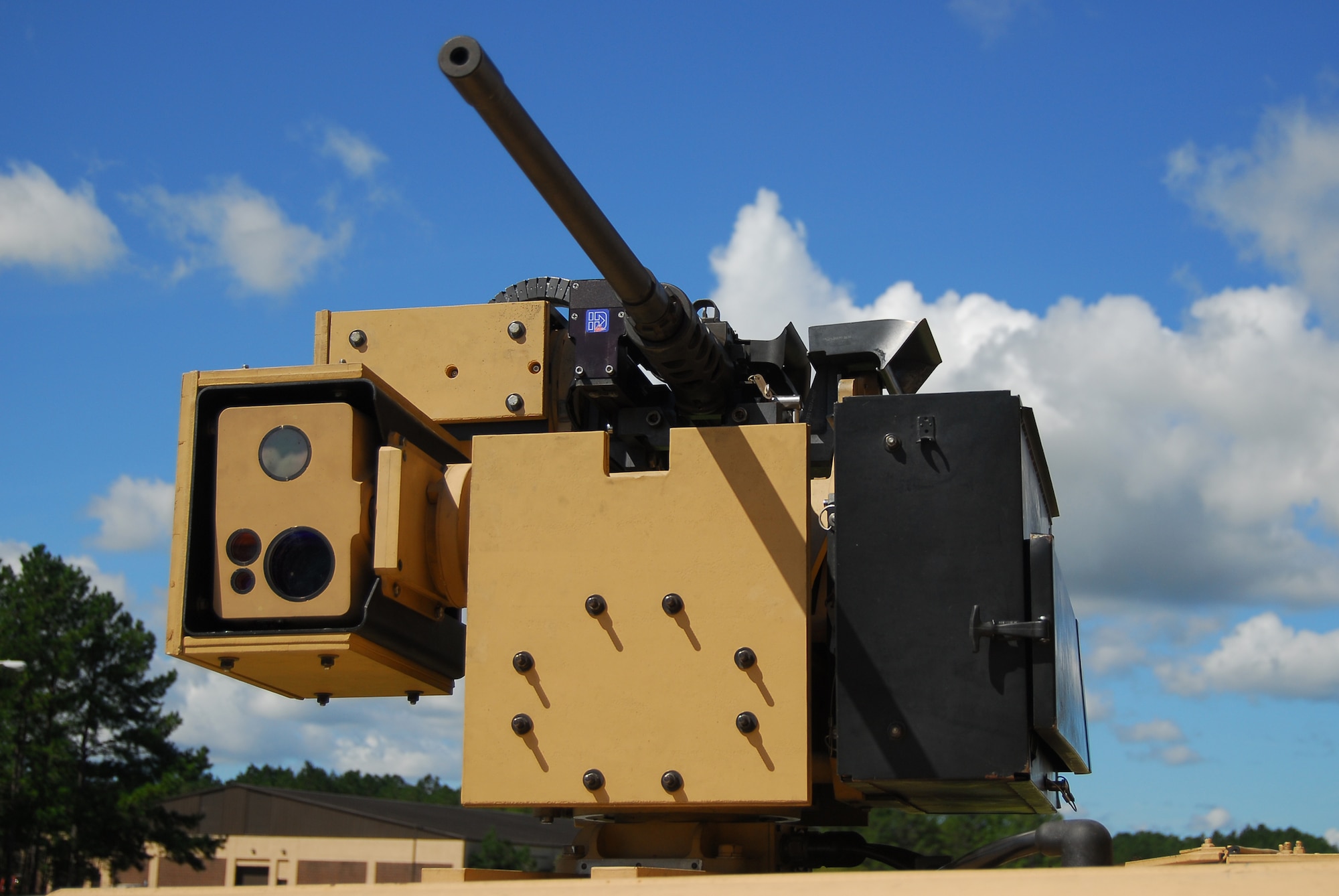 A common remotely operated weapon station is used for training by the 824th Security Forces Squadron Sept. 12 at Moody Air Force Base, Ga. The CROWS turret allows a gunner to remain safely protected inside his armored vehicle while operating the computer-stabilized, laser-aimed weapon.  (U.S. Air Force photo by Tech. Sgt. Parker Gyokeres)