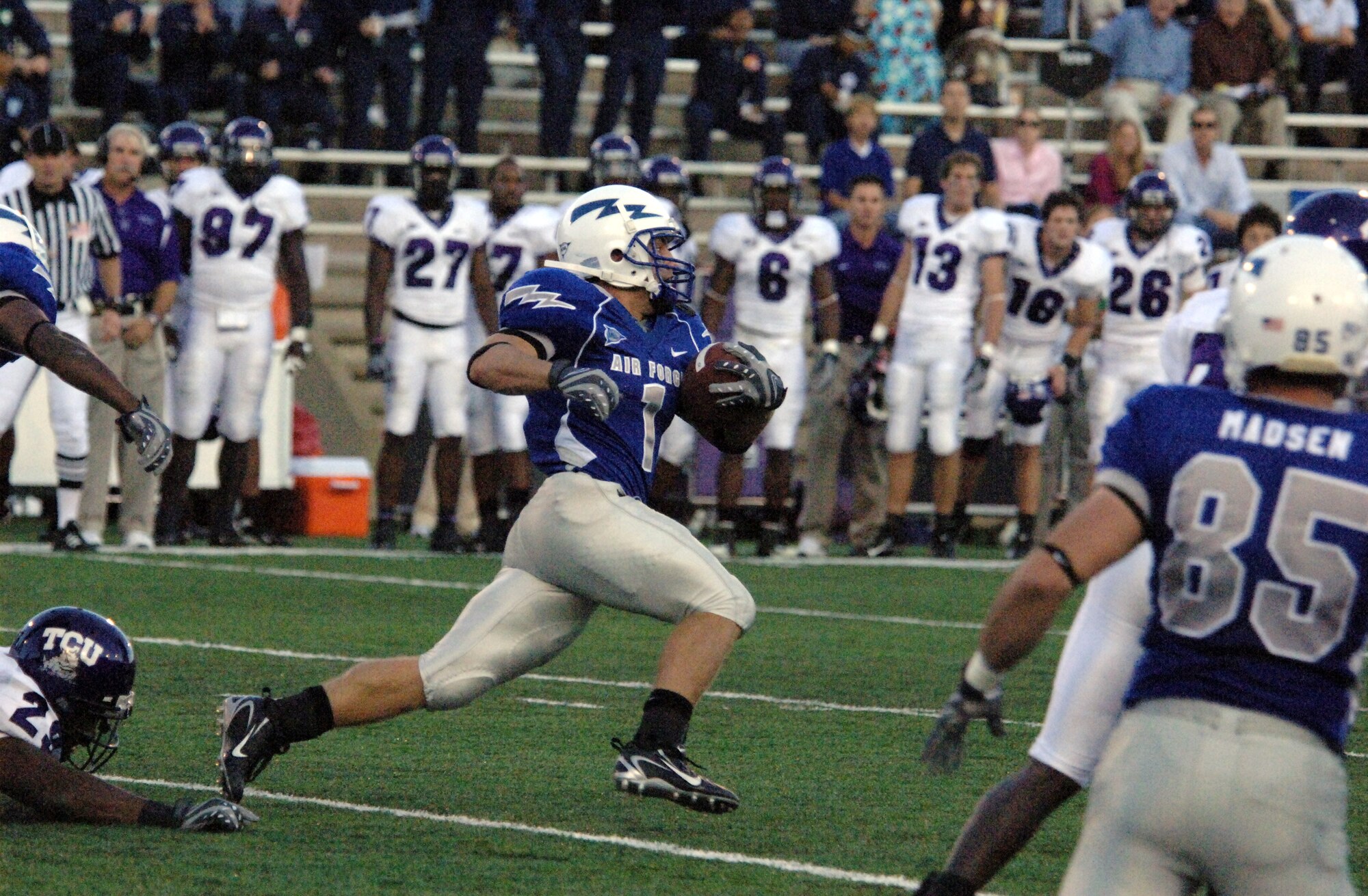 Falcon wide receiver Chad Hall breaks into the clear Sept. 13 at Falcon Stadium at the U.S. Air Force Academy. Hall logged 113 all-purpose yards running, receiving, returning kicks and returning punts in the bluesuiters 20-17 overtime win over TCU. (U.S. Air Force photo/John Van Winkle)