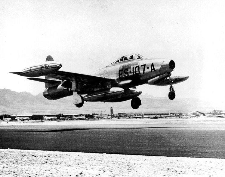 An F-84G Thunderjet takes off from Hickam Air Force Base, Hawaii, in the historic Operation Fox Peter One in the summer of 1952. In this operation, the 31st Strategic Fighter Wing flew across the United States to Japan in the first mass movement of an entire wing. (Courtesy photo)