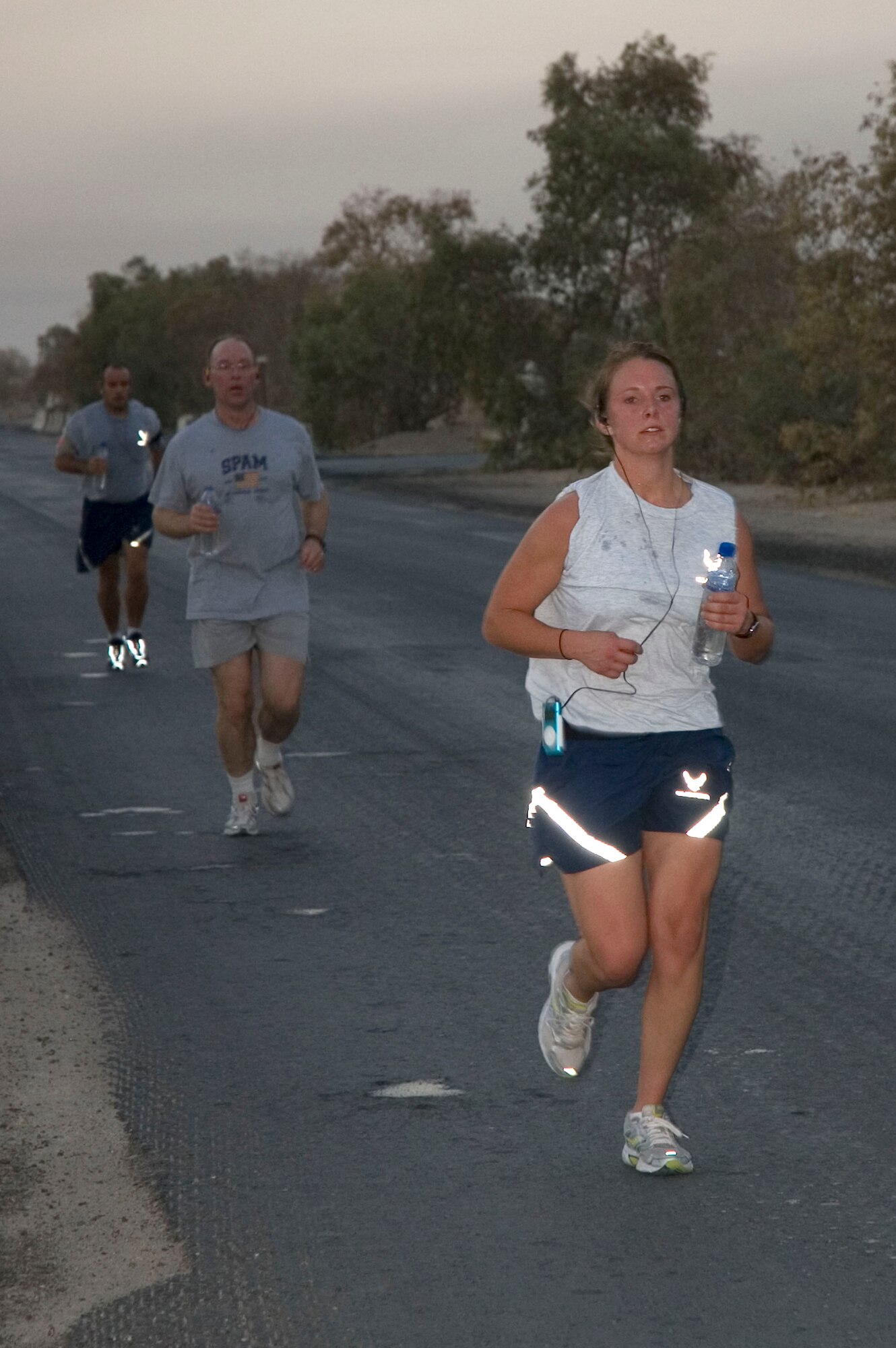 Airmen with the 386th Air Expedtionary Wing participate in a half marathon here Sept. 15. The  386th Expeditionary Services Squadron hosted the event to support the Annual Air Force Marathon which also took place on the same day.  (U.S. Air Force photo Staff Sgt. Tia Schroeder) 