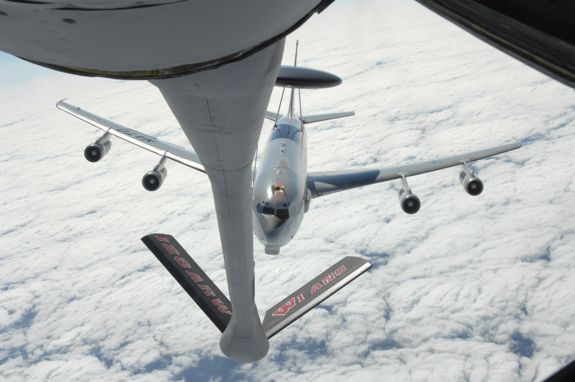 SPANGDAHLEM AIR BASE, Germany -- An E-3 Sentry, a military airborne warning and control system aircraft, lines up to be refueled by a 126th Air Refueling Squadron KC-135 Stratotanker from the Wisconsin Air National Guard stationed at Gen. Mitchell International Airport in Milwaukee. The unit is operating out of Spangdahlem Air Base for a two week-long mission to support NATO operations. (U.S. Air Force photo/Senior Airman Josie Kemp)