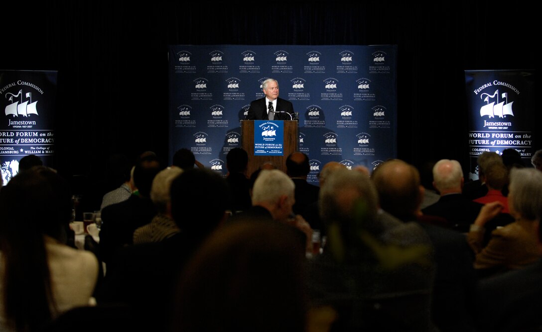 Secretary of Defense Robert M. Gates addresses the audience during the World Forum on the Future of Democracy in Williamsburg, Va., Sept. 17, 2007.  