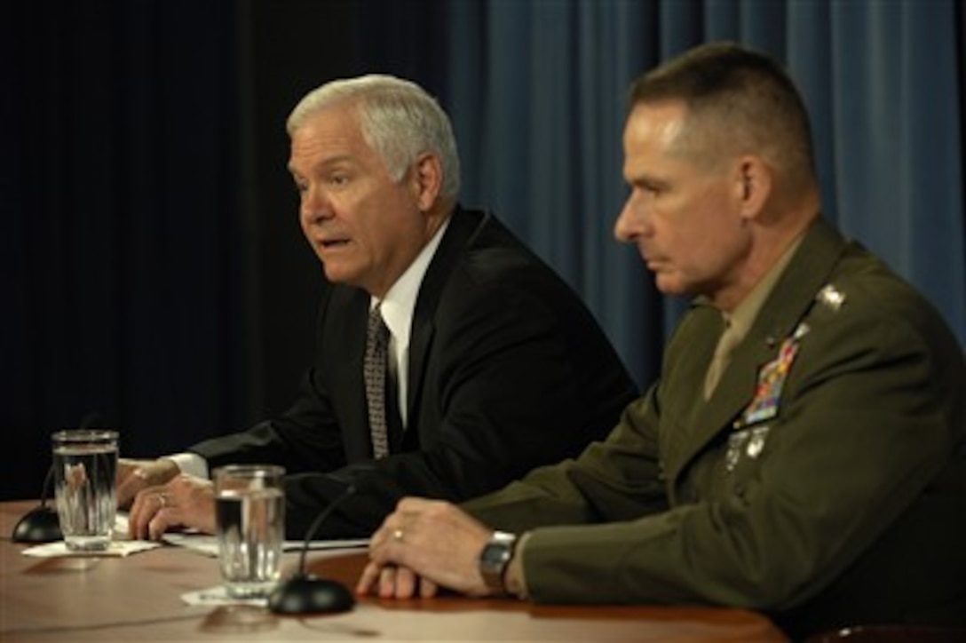 Secretary of Defense Robert M. Gates and Chairman of the Joint Chiefs of Staff Gen. Peter Pace, U.S. Marine Corps, conduct a press briefing in the Pentagon on Sept. 14, 2007.  Gates and Pace gave opening statements then answered journalistís questions on the possible reduction of combat forces in Iraq.  