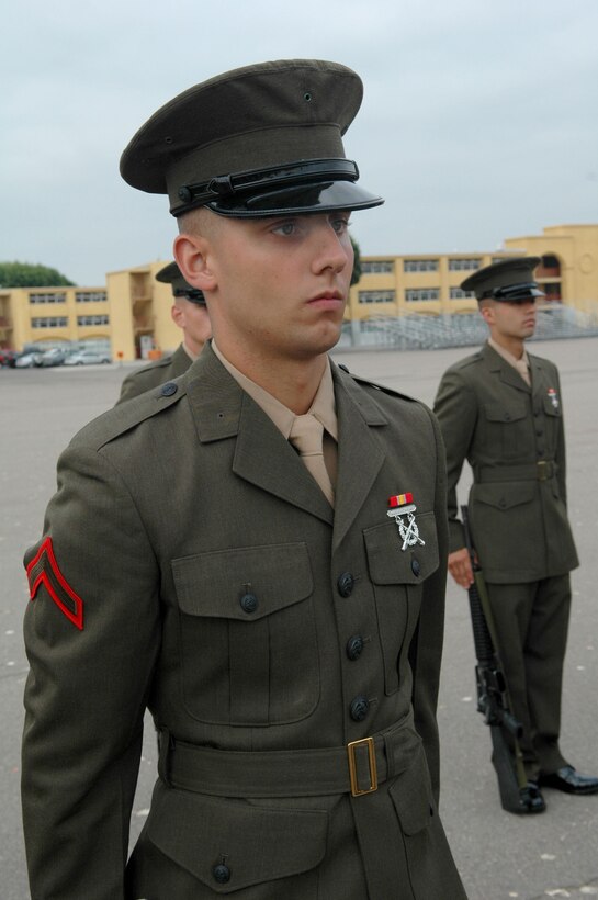 Private First-Class Daniel Lageman stands in formation during Battalion Commander's Inspection Tuesday. Recruits spend hours cleaning their weapons, studying knowledge and perfecting their uniforms in preparation for this final inspection.