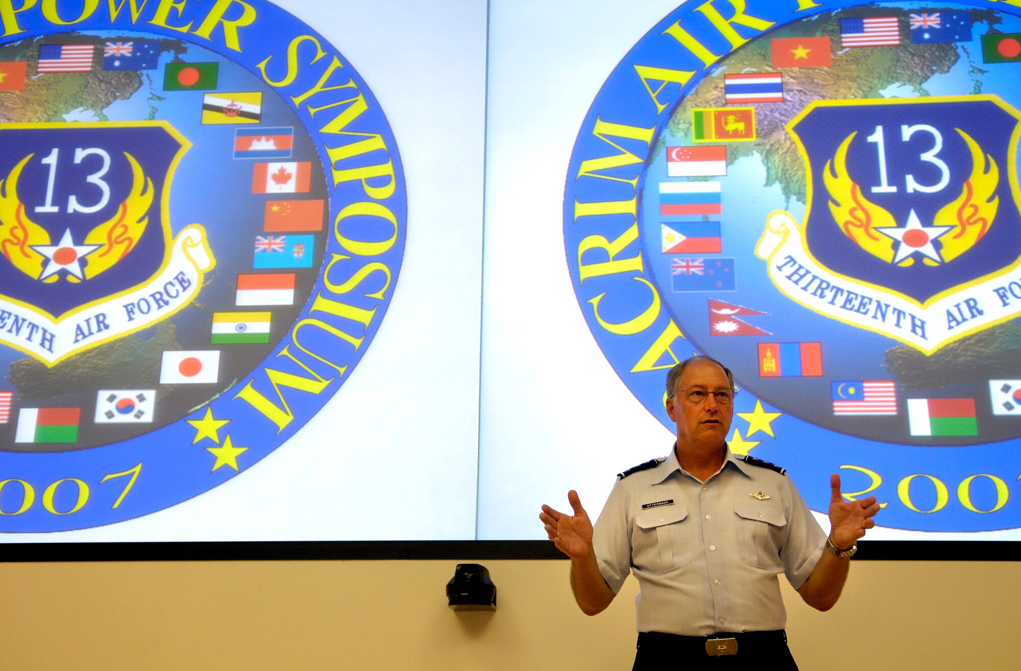 Lt. Gen. Chip Utterback gives opening comments to members of the Pacific Rim Airpower Symposium Sept. 18, 2007 at the Aloha Conference Center on Hickam Air Force Base, Hawaii. The PACRIM Symposium provides an ideal forum to communicate the value of U.S. engagement with nations of the Asia-Pacific region and our commitment to the region to internal, local, national and regional audiences. Gen. Utterback is the 13th Air Force commander. (U.S. Air Force photo/Tech. Sgt. Shane A. Cuomo) 