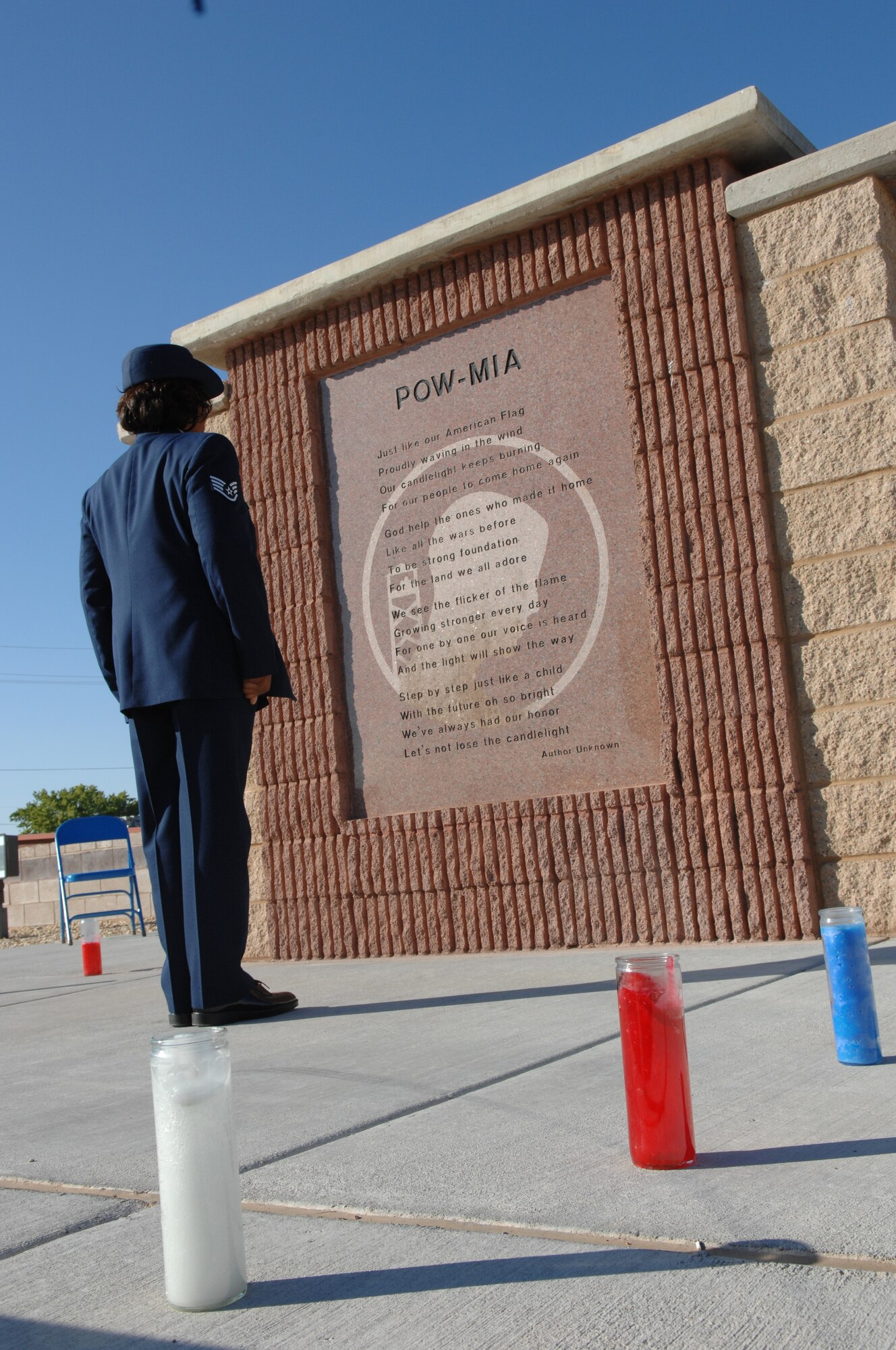Holloman held its annual POW/MIA remembrance ceremony Sept. 18 at Heritage Park here. Throughout the entire day, Airmen stood in front of the POW/MIA memorial in half hour shifts. (U.S. Air Force photo/Senior Airman Anthony Nelson)