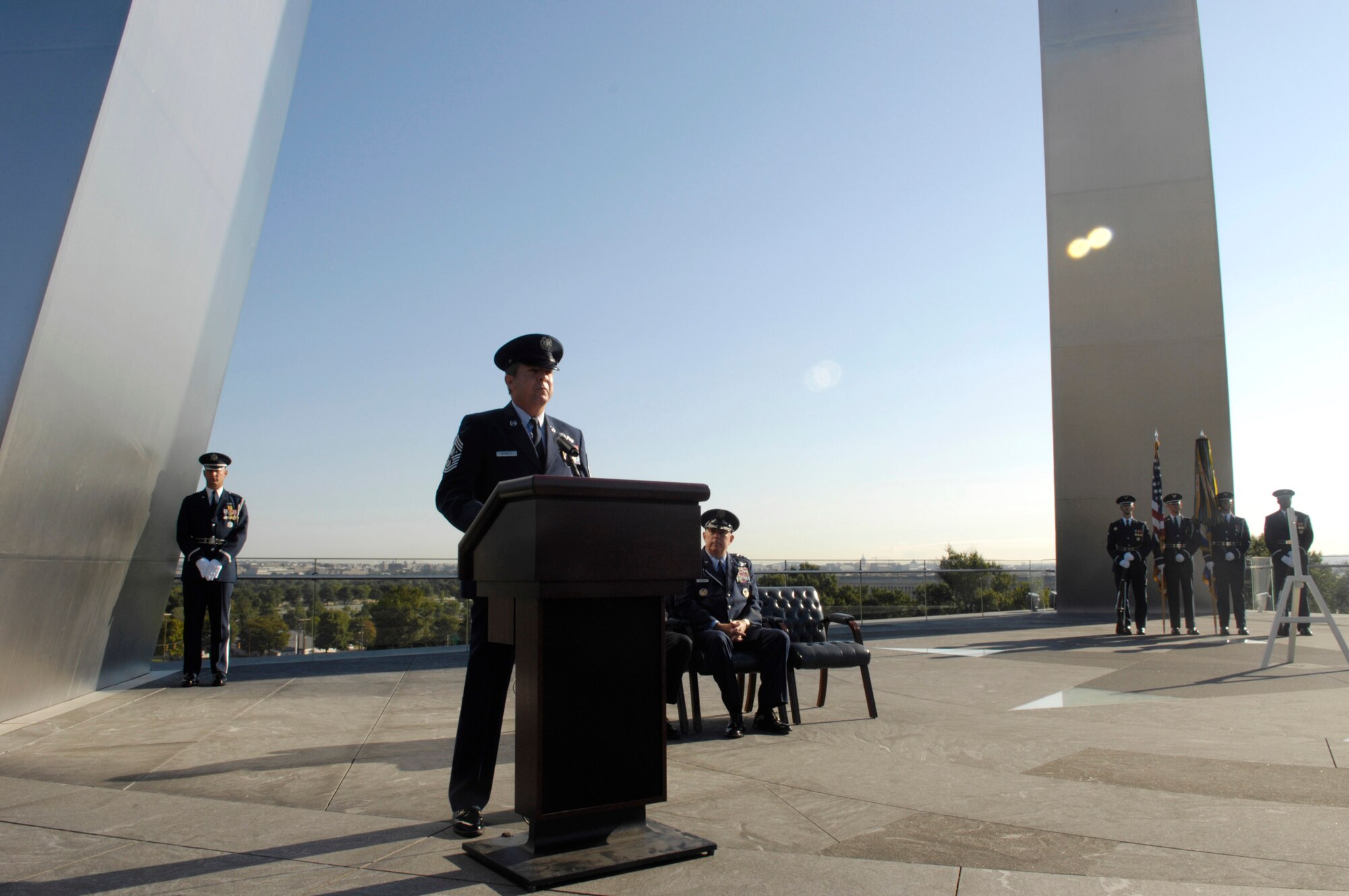Chief Master Sgt. of the Air Force Rodney J. McKinley speaks at Air Force Memorial during a wreath-laying ceremony there Sept. 18 in honor of the 60th anniversary of the Air Force. (U.S. Air Force photo/Senior Airman Rusti Caraker)