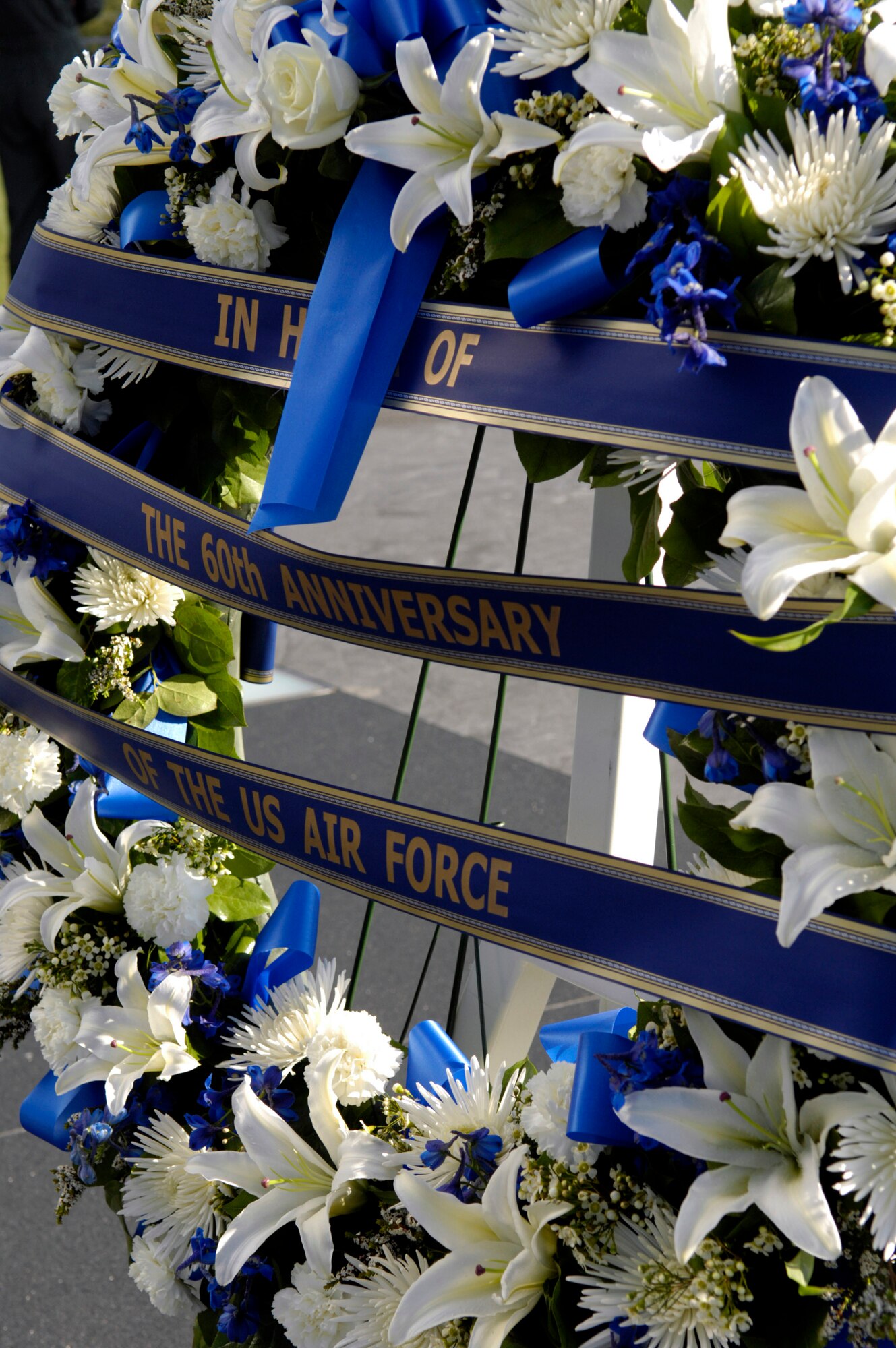 This wreath was presented during the ceremony Sept. 18 at the Air Force Memorial in Arlington, Va., honoring the service's 60th anniversary. Event officials included Secretary of the Air Force Michael W. Wynne, Air Force Chief of Staff Gen. T. Michael Moseley and Chief Master Sgt. of the Air Force Rodney J. McKinley. (U.S. Air Force photo/Senior Airman Rusti Caraker) 
