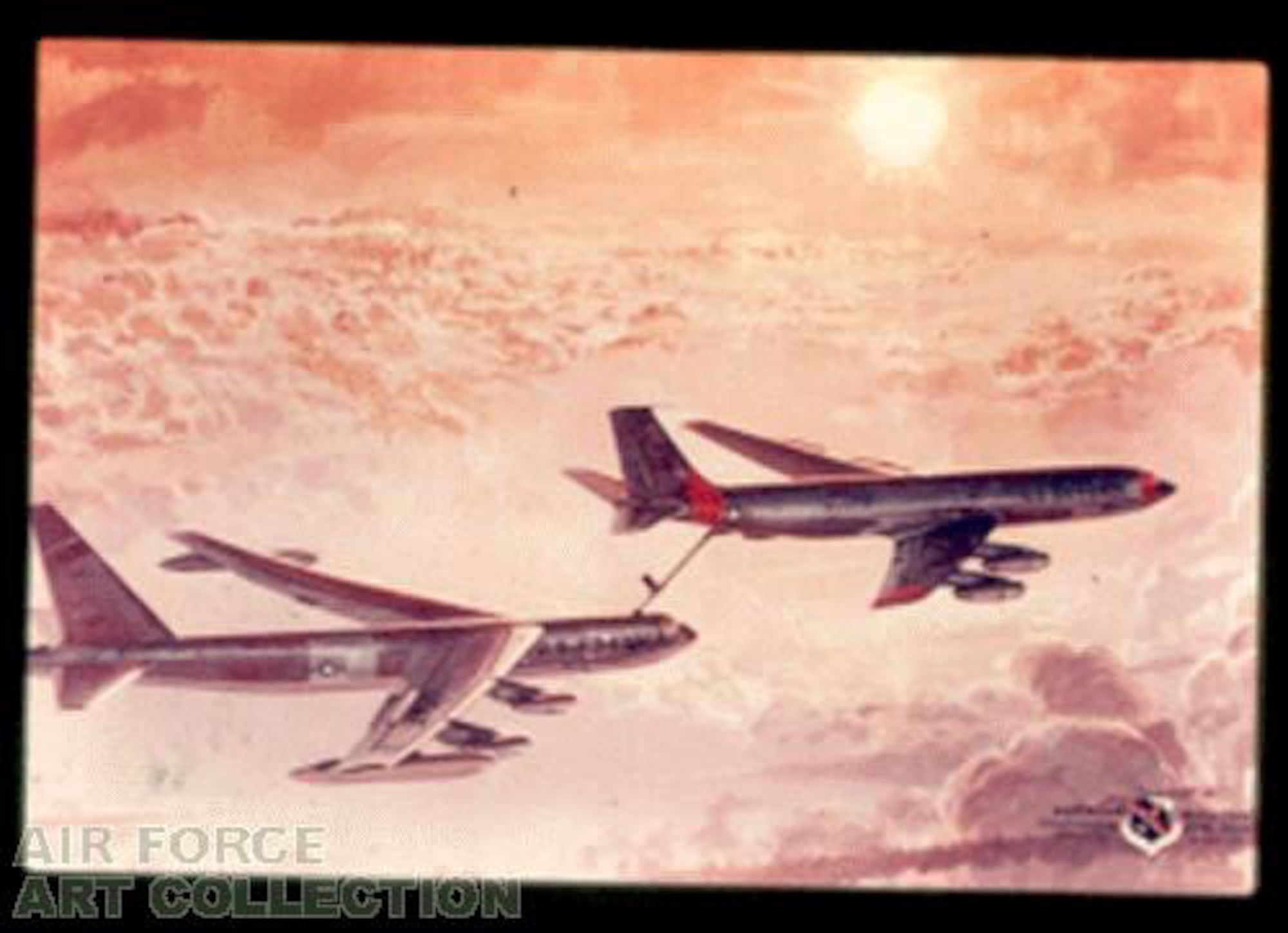 This 1963 painting by artist Keith Ferris, entitled "Sunset Refueling at 30,000 Feet," featuring a B-52 Stratofortress and a KC-135R Stratotanker, was the third painting Mr. Ferris donated to the Air Force Art Program. Mr. Ferris has officially been an aviation artist since the year the Air Force became a service in 1947, and has been one of the longest participating artists in the program since it began in 1950. (U.S. Air Force photo)