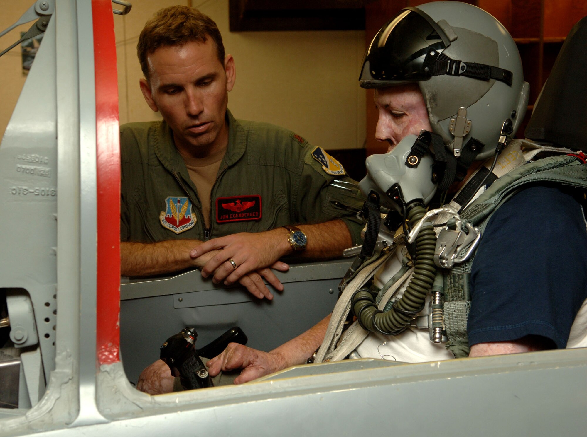 Tech Sgt. Israel DelToro and Master Sgt. Eric Brandenburg visit Holloman to get a tour of the base and tell Airmen their stories of being in combat and why they stay in the Air Force. Many Airmen were inspired by the speeches the two Air Force heroes gave during the Warrior Call. (U.S. Air Force photo/Airman 1st Class Tiffany Trojca.)