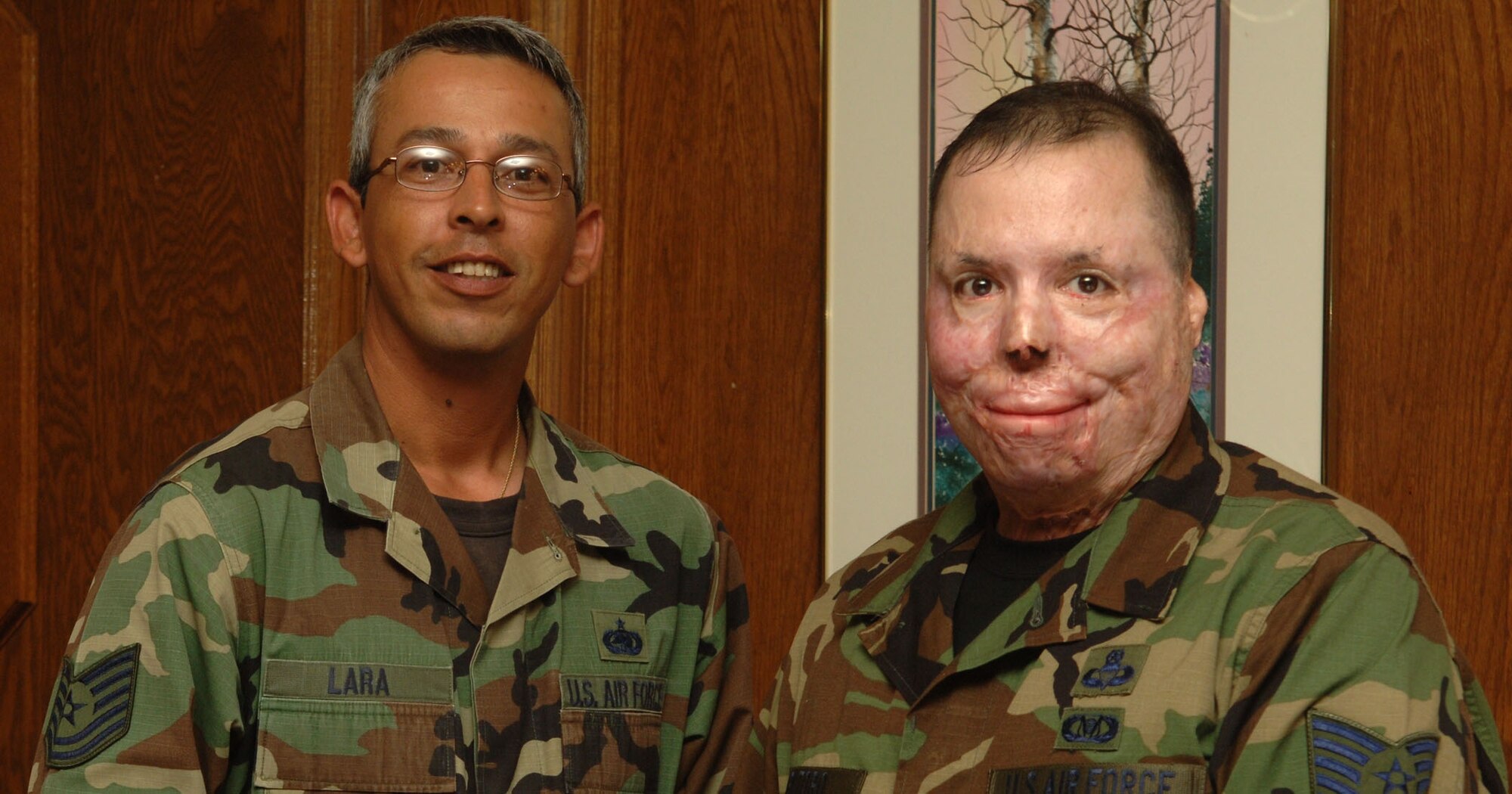 Tech Sgt. Israel DelToro and Master Sgt. Eric Brandenburg visit Holloman to get a tour of the base and tell Airmen their stories of being in combat and why they stay in the Air Force. Many Airmen were inspired by the speeches the two Air Force heroes gave during the Warrior Call. (U.S. Air Force photo/Airman 1st Class Tiffany Trojca.)