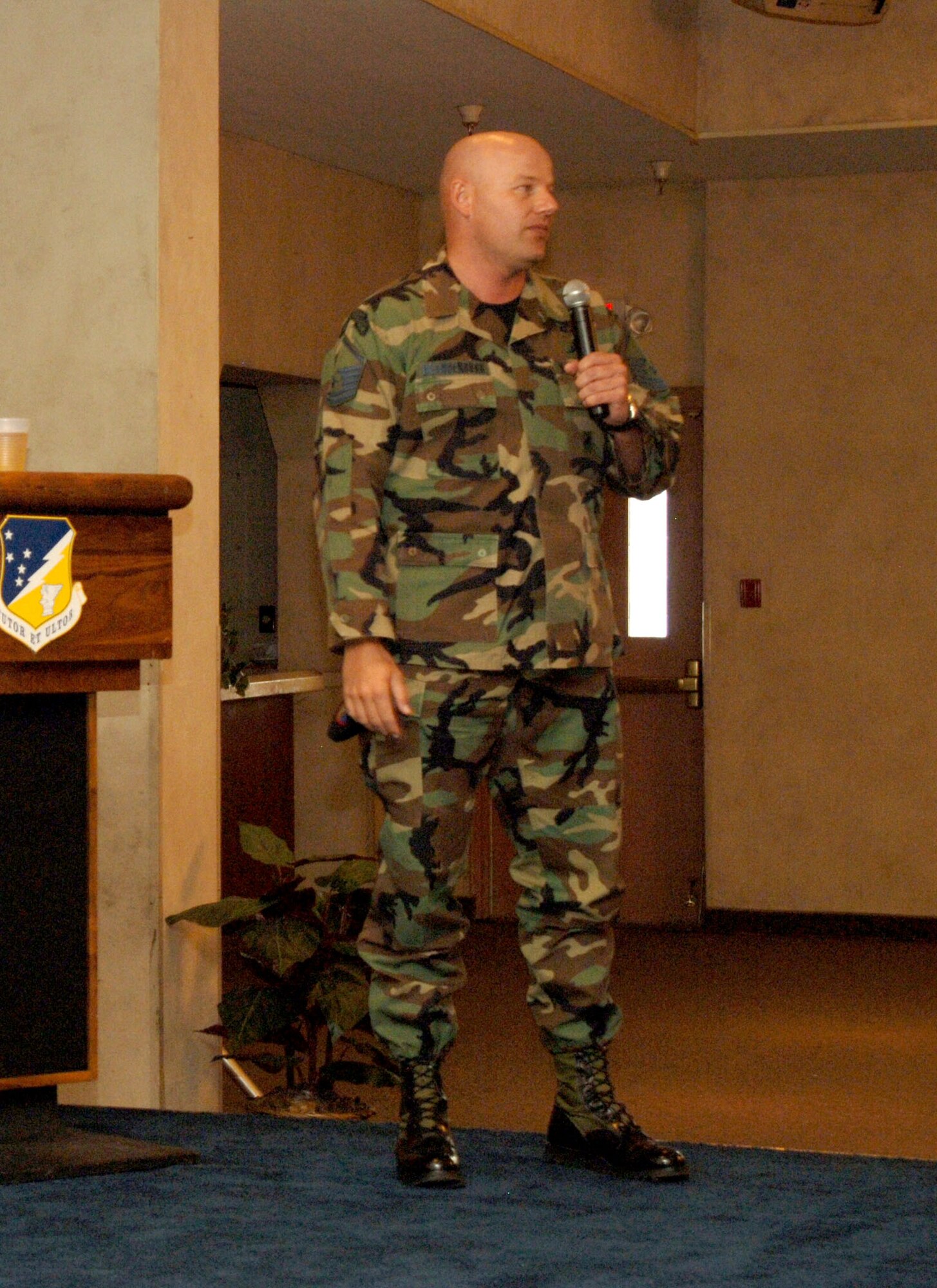 Tech Sgt. Israel DelToro and Master Sgt. Eric Brandenburg visit Holloman to get a tour of the base and tell Airmen their stories of being in combat and why they stay in the Air Force. Many Airmen were inspired by the speeches the two Air Force heroes gave during the Warrior Call. (U.S. Air Force photo/Airman 1st Class Tiffany Trojca.)