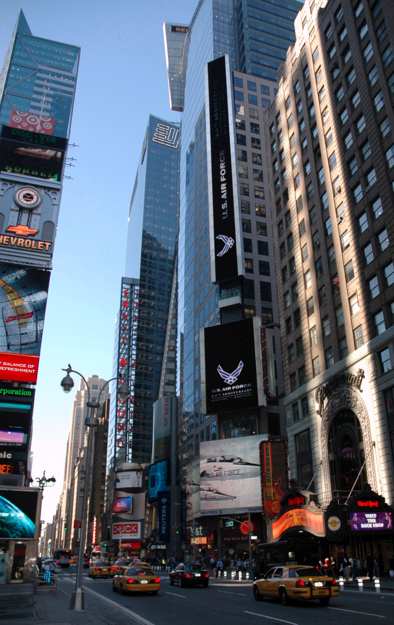 New York City offers the Air Force a 60th birthday salute in Times Square Sept. 18, courtesy of the Nasdaq stock market and Reuters news service. The companies displayed the Air Force graphics throughout the day to mark the occasion. (U.S. Air Force photo/Maj. John Thomas)
