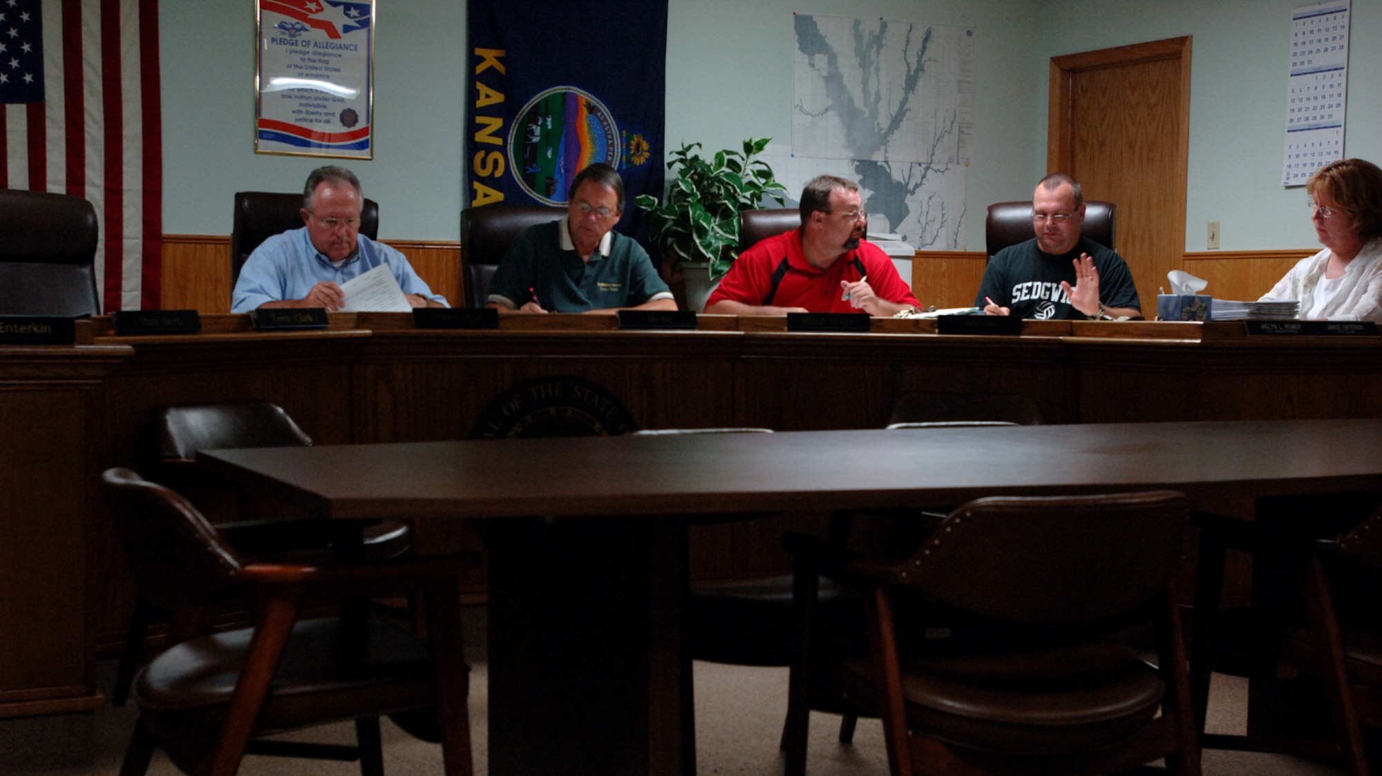 Shelby weighs in on a topic of discussion at a planning commission meeting in his hometown of Sedgwick, Kan. He joined the commission because he was looking for something to do and a vacant position was advertised on a public access station. (Air Force Photo/Tech. Sgt. Jason Schaap)