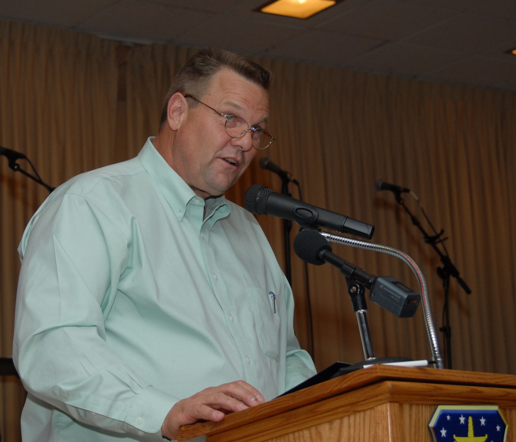 Montana Senator Jon Tester addresses the military and community leaders in attendance at the Salute to the Community Dinner at Malmstrom Air Force Base, Mont., Sept. 14. The event is held annually for the 341st Space Wing commander to thank people in Great Falls and the communities in the missile complex for their continued support. (U.S. Air Force photo/John Turner)