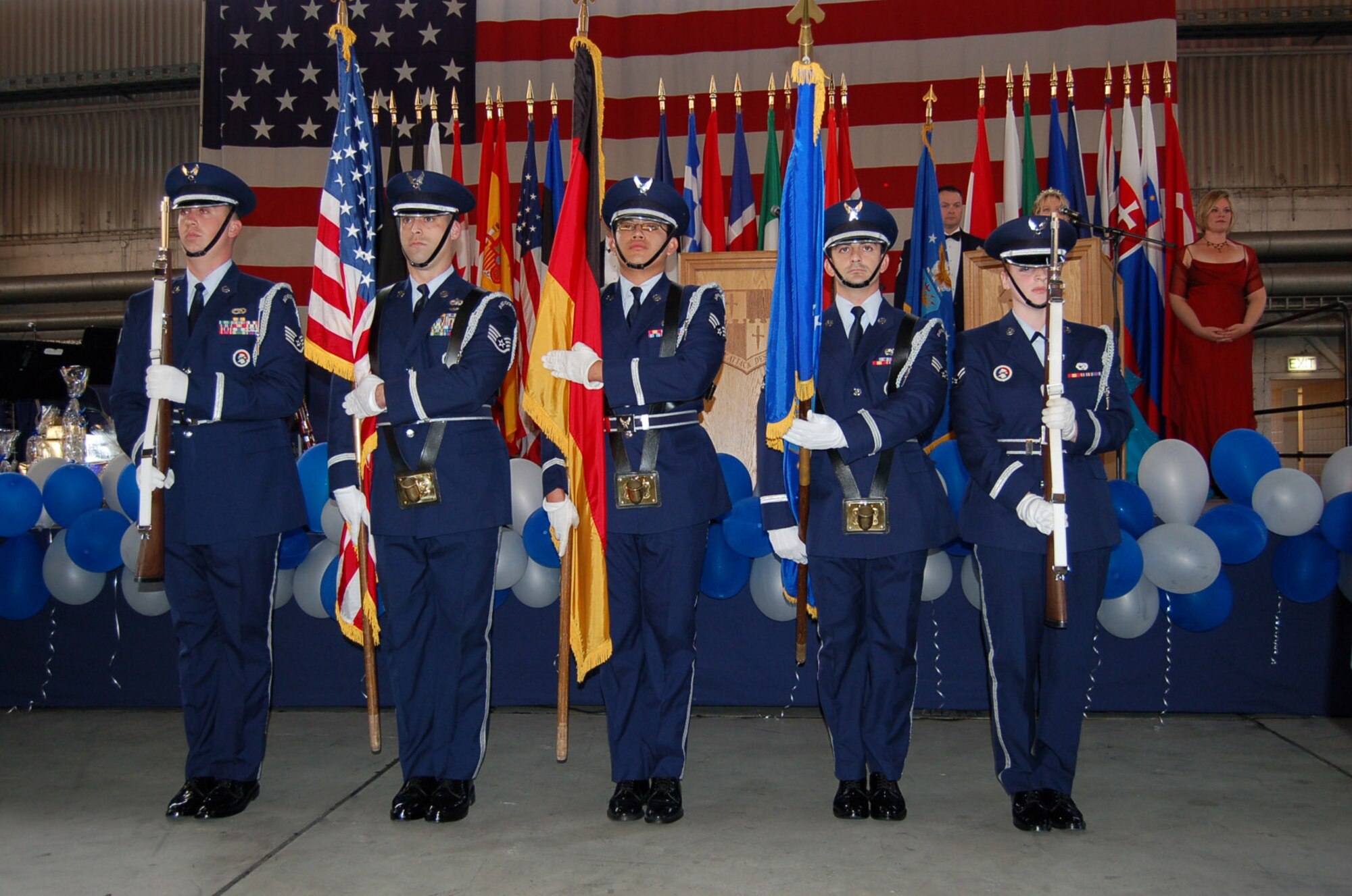 SPANGDAHLEM AIR BASE, Germany -- Spangdahlem Honor Guard members stand at attention as the German national anthem is sung during the Air Force Ball Sept. 15. (U.S. Air Force photo/Capt. Kevin Coffman)