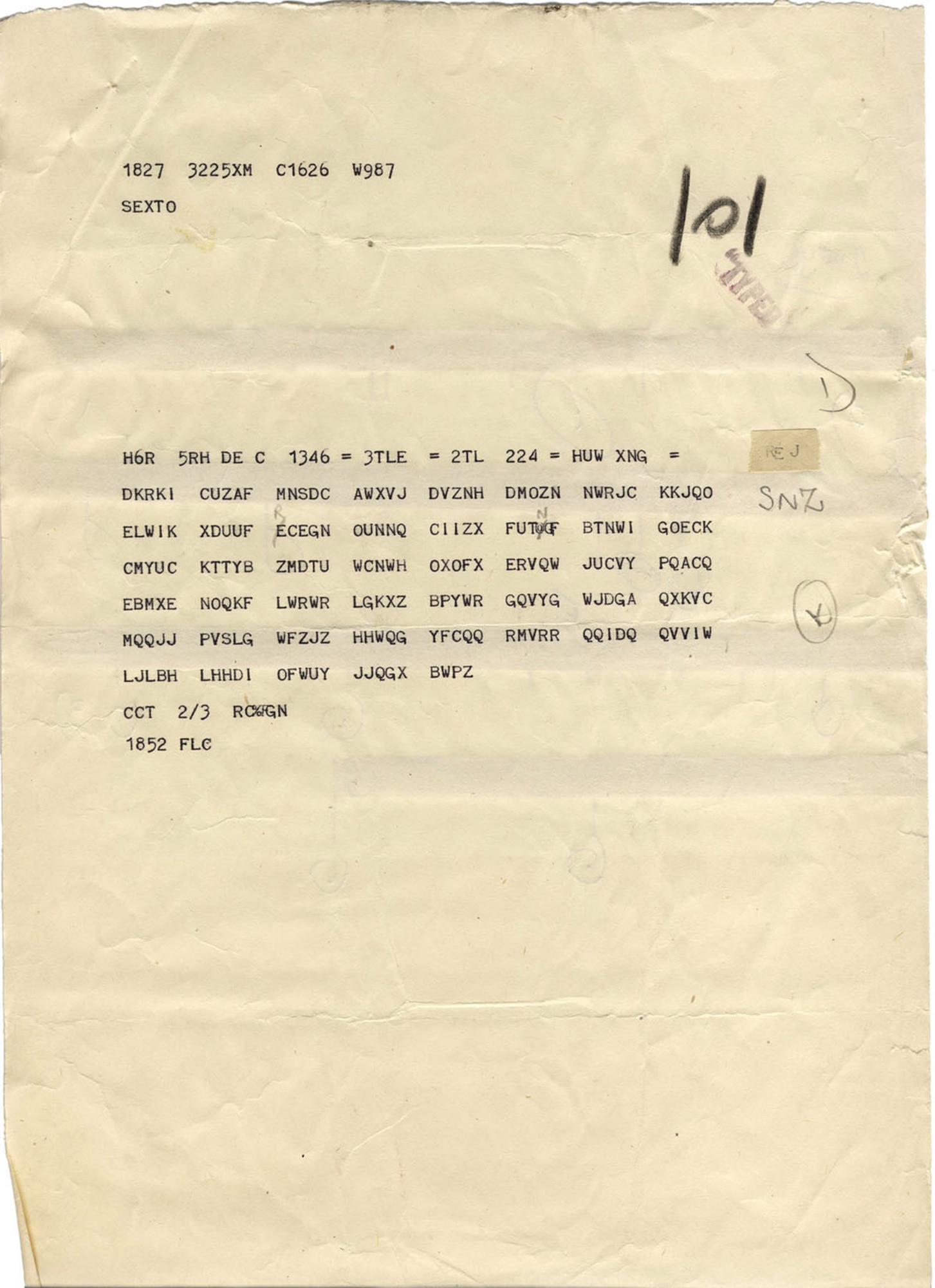 A typical Enigma intercept from the Bletchley Park operation in England. These messages were transmitted in Morse code as groups of five letters, which were easily intercepted -- but were impossible to understand without sophisticated decryption. (Photo courtesy Dr. David Hamer)