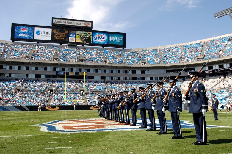Members of the Air Force Honor Guard Drill Team perform during halftime Sept. 16 at the NFL's Carolina Panthers vs. Houston Texans football game in North Carolina. The performance was part of the team's "Birthday Tour" in commemoration of the Air Force's 60th anniversary. (U.S. Air Force photo/Senior Airman Daniel DeCook)