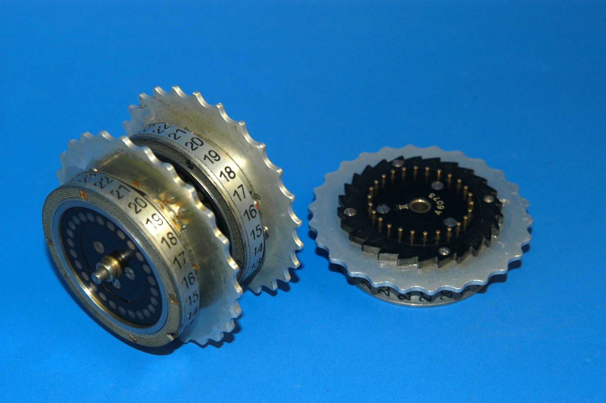 Enigma rotors from the machine on display at the National Museum of the United States Air Force. The rotors formed the heart of the Enigma machine: Each was wired differently and had 26 contacts corresponding to letters of the alphabet. (Photo courtesy National Cryptologic Museum, NSA)