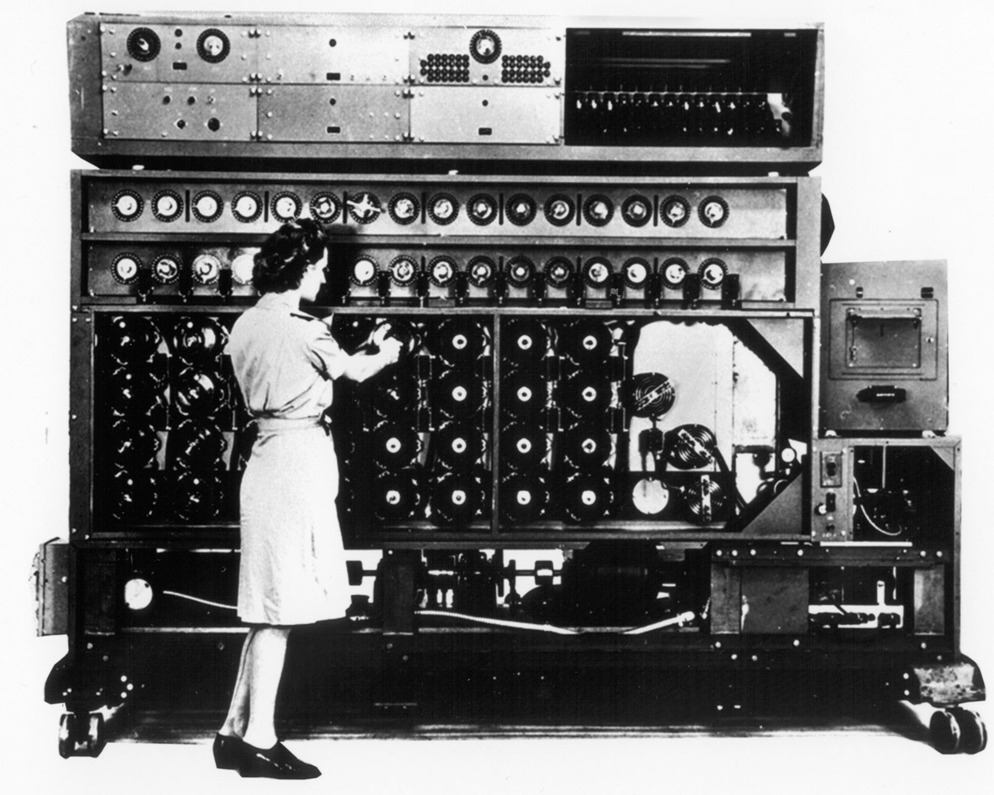 An Enigma decryption machine, called a "bombe." This machine, made by National Cash Register of Dayton, Ohio, eliminated all possible encryptions from intercepted messages until it arrived at the correct solution. (U.S. Air Force photo)