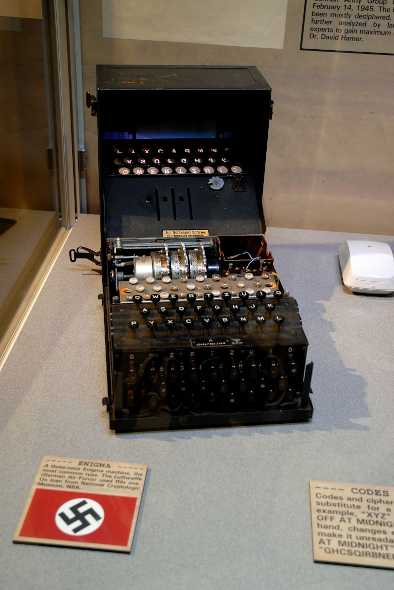 DAYTON, Ohio -- A three-rotor Enigma machine used by the Luftwaffe is on display with the cryptology exhibit in the World War II Gallery at the National Museum of the United States Air Force. (U.S. Air Force photo)