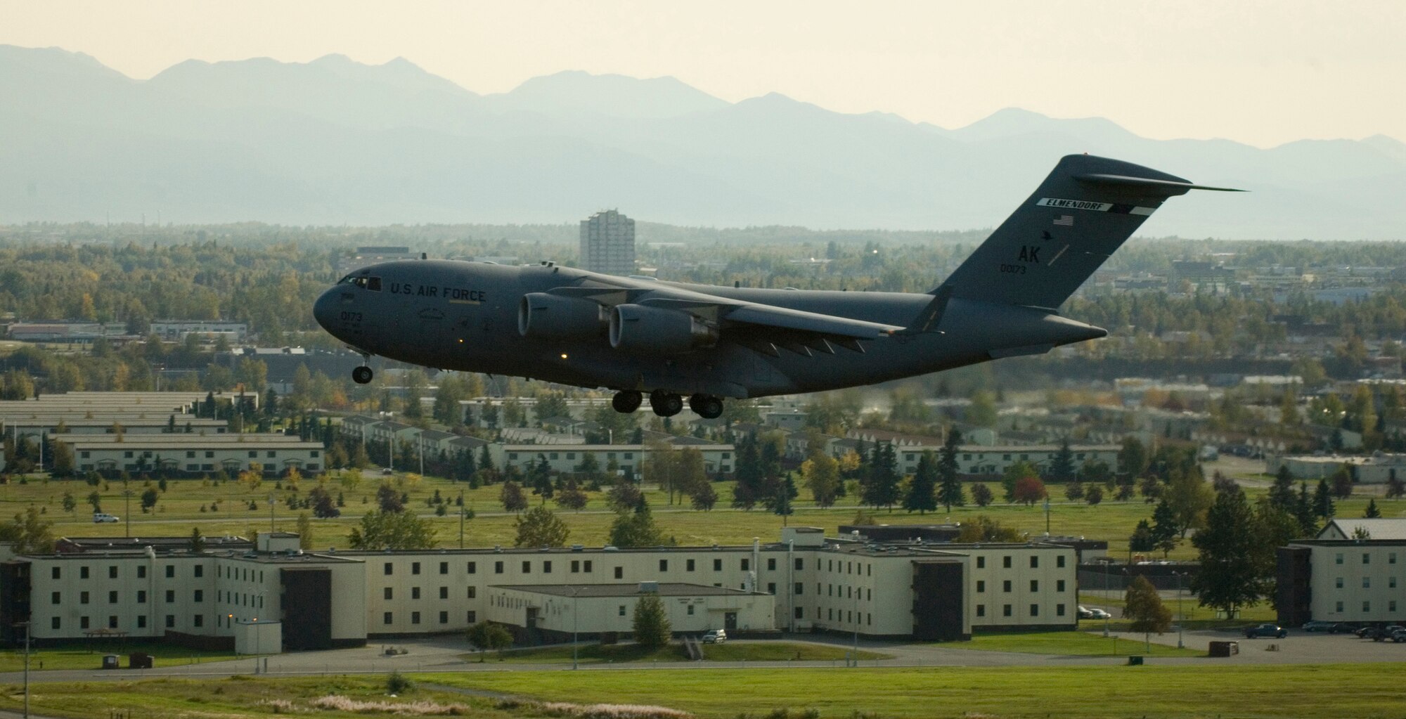 ELMENDORF AIR FORCE BASE, Alaska -- The Spirit of the Aleutians descends to the flightline Sept. 17. The C-17 is the newest addition to Elmendorf's Globemaster fleet. The first aircraft arrived in June. The eight and final aircraft is scheduled to arrive in November. (U.S. Air Force Photo by Senior Airman Garrett Hothan)