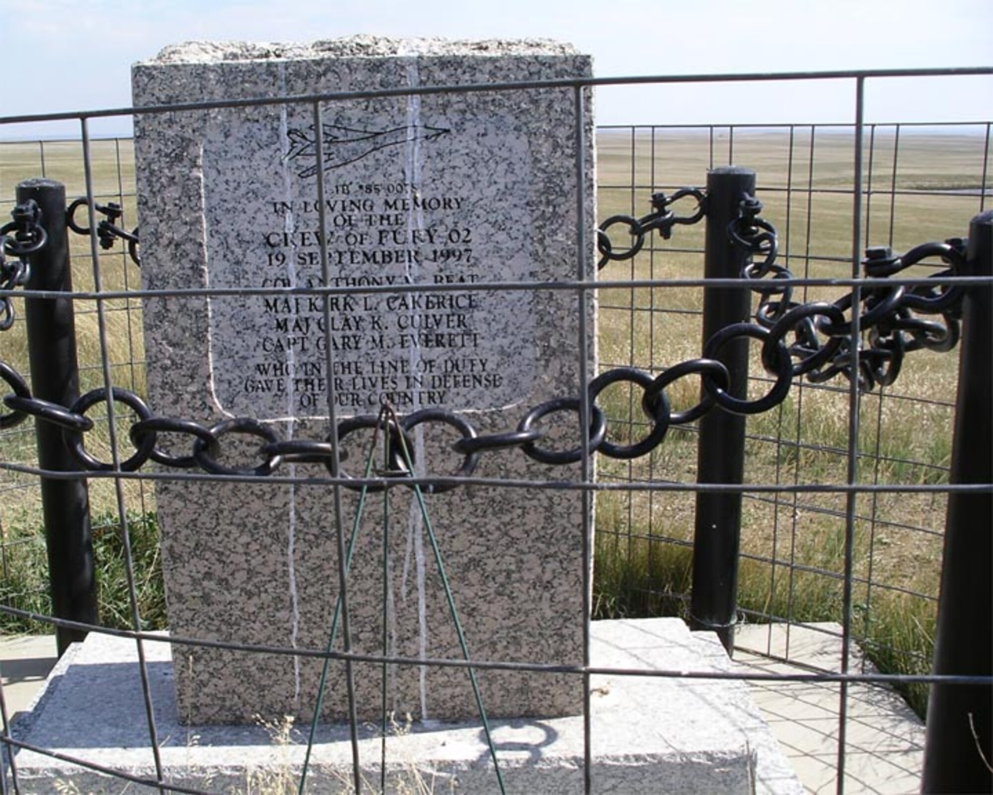 This monument was erected at the crash site where a B-1 went down and four Airmen were lost. Killed were 28th Bomb Wing’s Col. Anthony Beat, pilot and 28th BW vice commander; Maj. Kirk Cakerice, instructor pilot, Maj. Clay Culver, weapons system officer and Capt. Gary Everett, weapons system officer.
courtesy photo