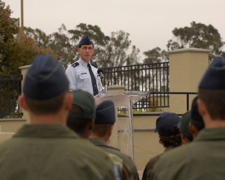 VANDENBERG AIR FORCE BASE, Calif. -- 30th Space Wing Commander Col. Steve Tanous speaks about 60 years of Air Force heritage and tradition during the 60th Anniversary retreat ceremony in front of Bldg. 10577 on Sept. 18. Formations of Vandenberg's four 30th Space Wing groups, the 381st Training Group and the 595th Space Group participated in the retreat, which was followed by a cake cutting ceremony in the Pacific Coast Club.  (U.S. Air Force photo/Airman 1st Class Matthew Plew)