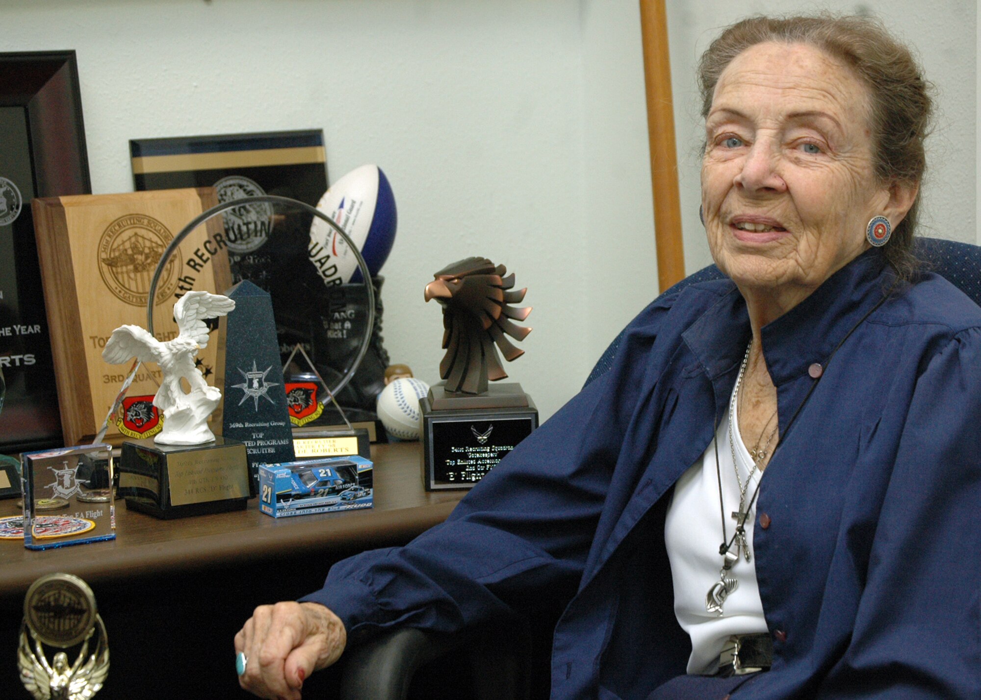 Ms. Fay Flanary, 341st Recruiting Squadron flight administrator at Lackland Air Force Base, Texas, celebrates 50 years of civil service in October.  Ms. Flanary has earned her "stripes" over the course of a career that began in 1956.  Her awards and mementos stand in tribute to her job commitment. (Air Force photo/Master Sgt. Tony Leverett)