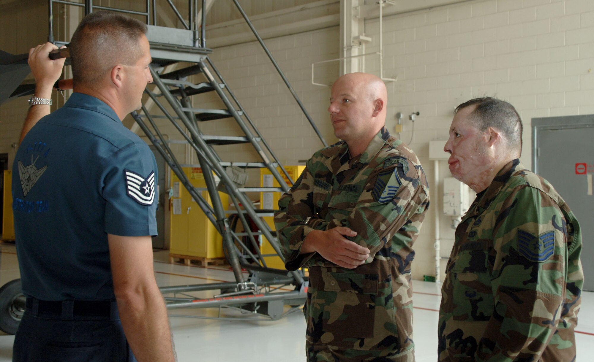Tech Sgt. Israel DelToro and Master Sgt. Eric Brandenburg visit Holloman to get a tour of the base and tell Airmen their stories of being in combat and why they stay in the Air Force. Many Airmen were inspired by the speeches the two Air Force heroes gave during the Warrior Call. (U.S. Air Force photo/Airman 1st Class Tiffany Trojca.) 