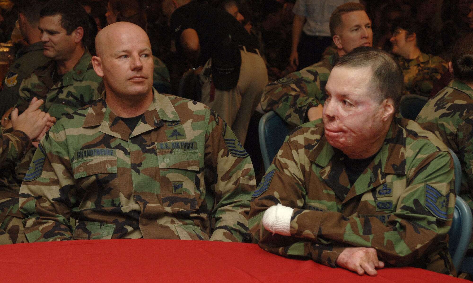 Tech Sgt. Israel DelToro and Master Sgt. Eric Brandenburg visit Holloman to get a tour of the base and tell Airmen their stories of being in combat and why they stay in the Air Force. Many Airmen were inspired by the speeches the two Air Force heroes gave during the Warrior Call. (U.S. Air Force photo/Airman 1st Class Tiffany Trojca.) 