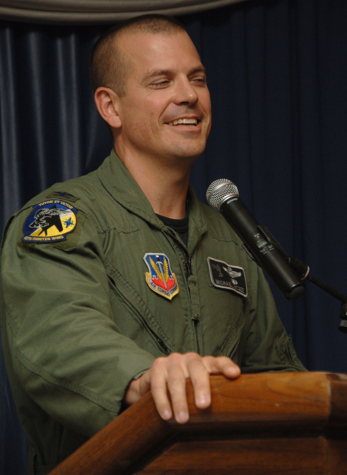 Tech Sgt. Israel DelToro and Master Sgt. Eric Brandenburg visit Holloman to get a tour of the base and tell Airmen their stories of being in combat and why they stay in the Air Force. Many Airmen were inspired by the speeches the two Air Force heroes gave during the Warrior Call. (U.S. Air Force photo/Airman 1st Class Tiffany Trojca.) 