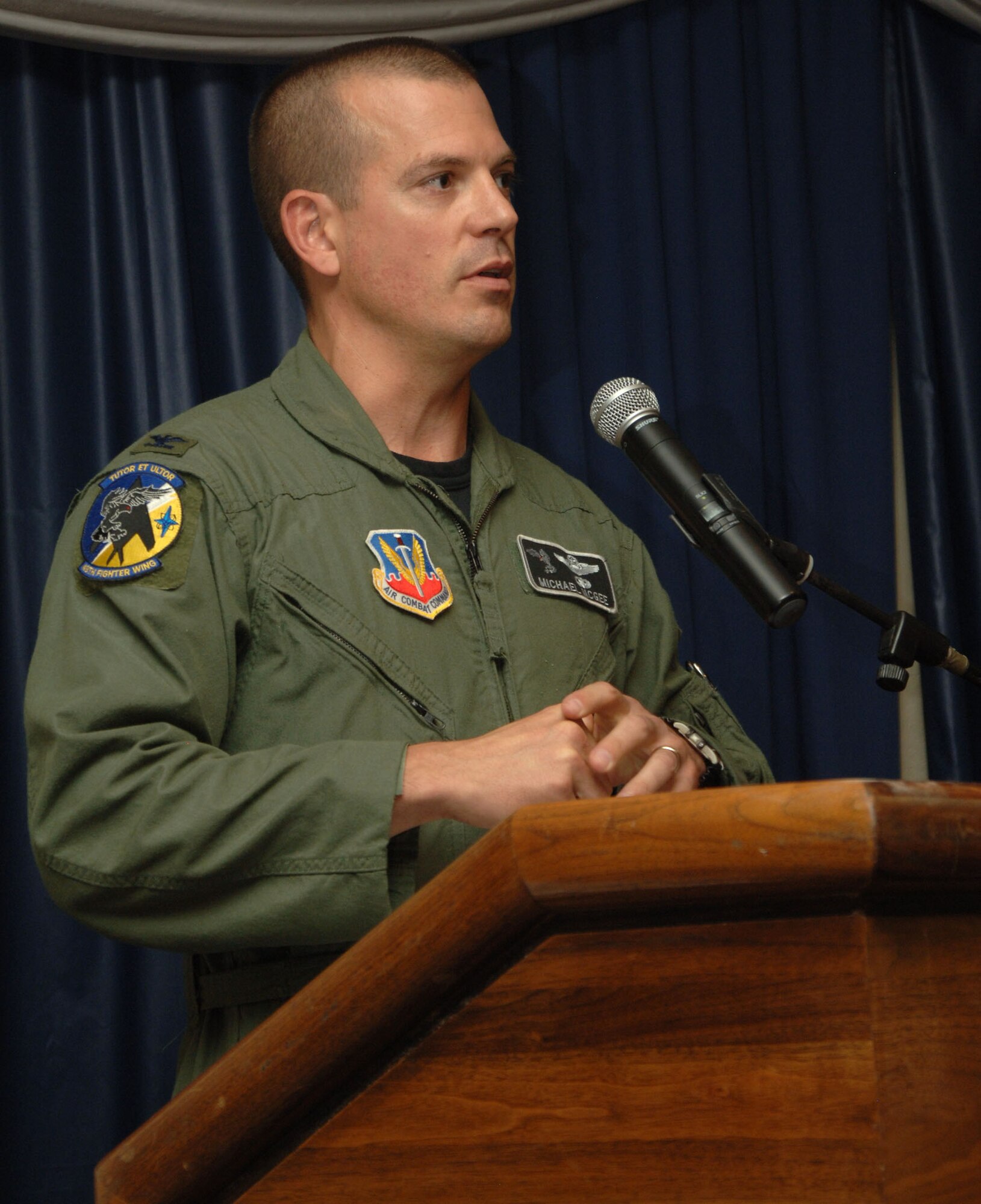 Tech Sgt. Israel DelToro and Master Sgt. Eric Brandenburg visit Holloman to get a tour of the base and tell Airmen their stories of being in combat and why they stay in the Air Force. Many Airmen were inspired by the speeches the two Air Force heroes gave during the Warrior Call. (U.S. Air Force photo/Airman 1st Class Tiffany Trojca.) 