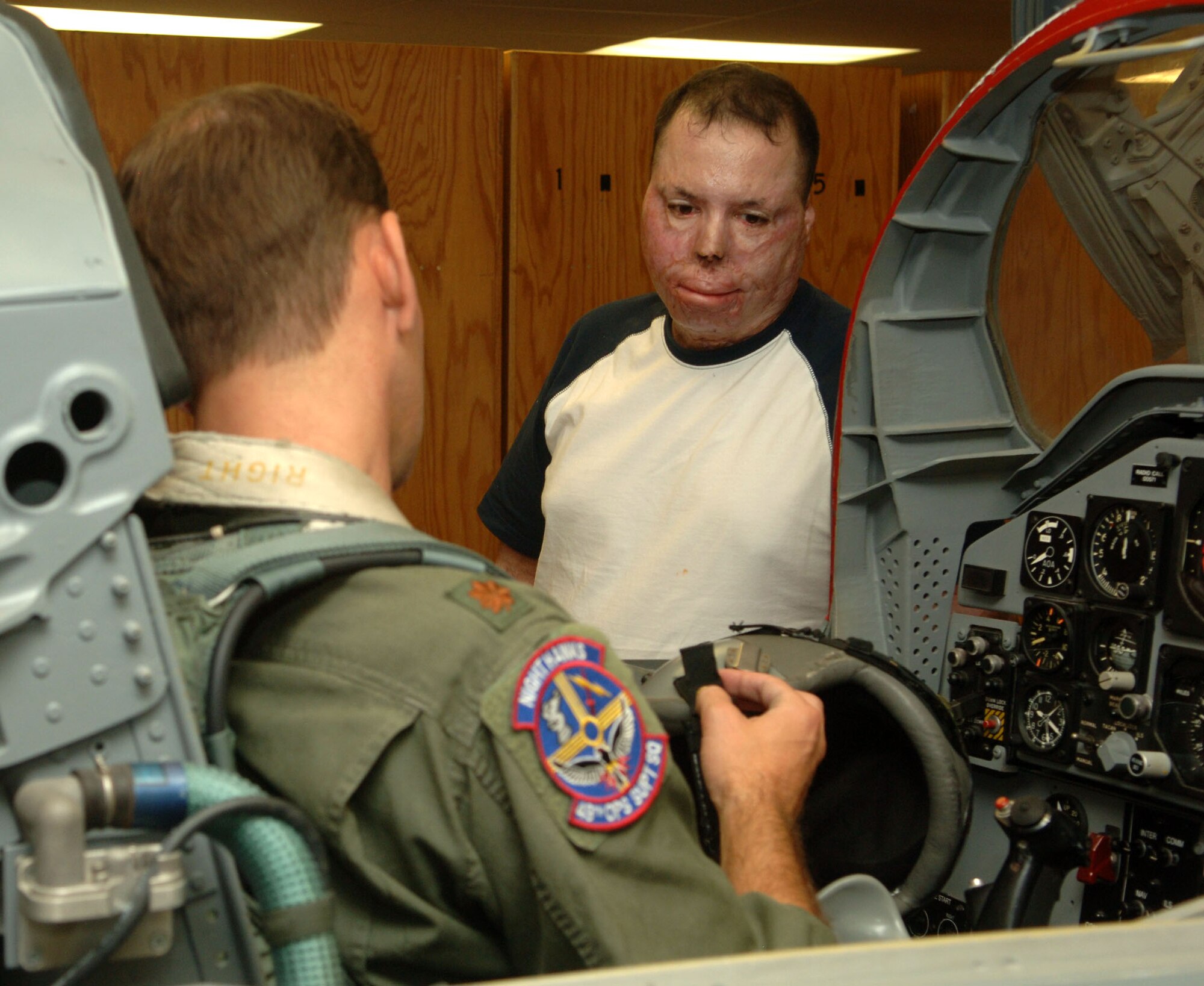 Tech Sgt. Israel DelToro and Master Sgt. Eric Brandenburg visit Holloman to get a tour of the base and tell Airmen their stories of being in combat and why they stay in the Air Force. Many Airmen were inspired by the speeches the two Air Force heroes gave during the Warrior Call. (U.S. Air Force photo/Airman 1st Class Tiffany Trojca.) 