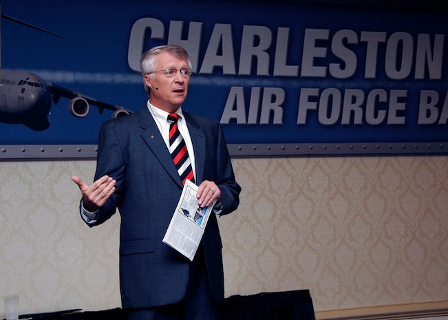 Jim Geffert, consultant with the Dale Carnegie Training organization, speaks to Charleston AFB team members at the Charleston Club Sept. 19 as part of the training. (U.S. Air Force photo/Airman 1st Class Katie Gieratz)