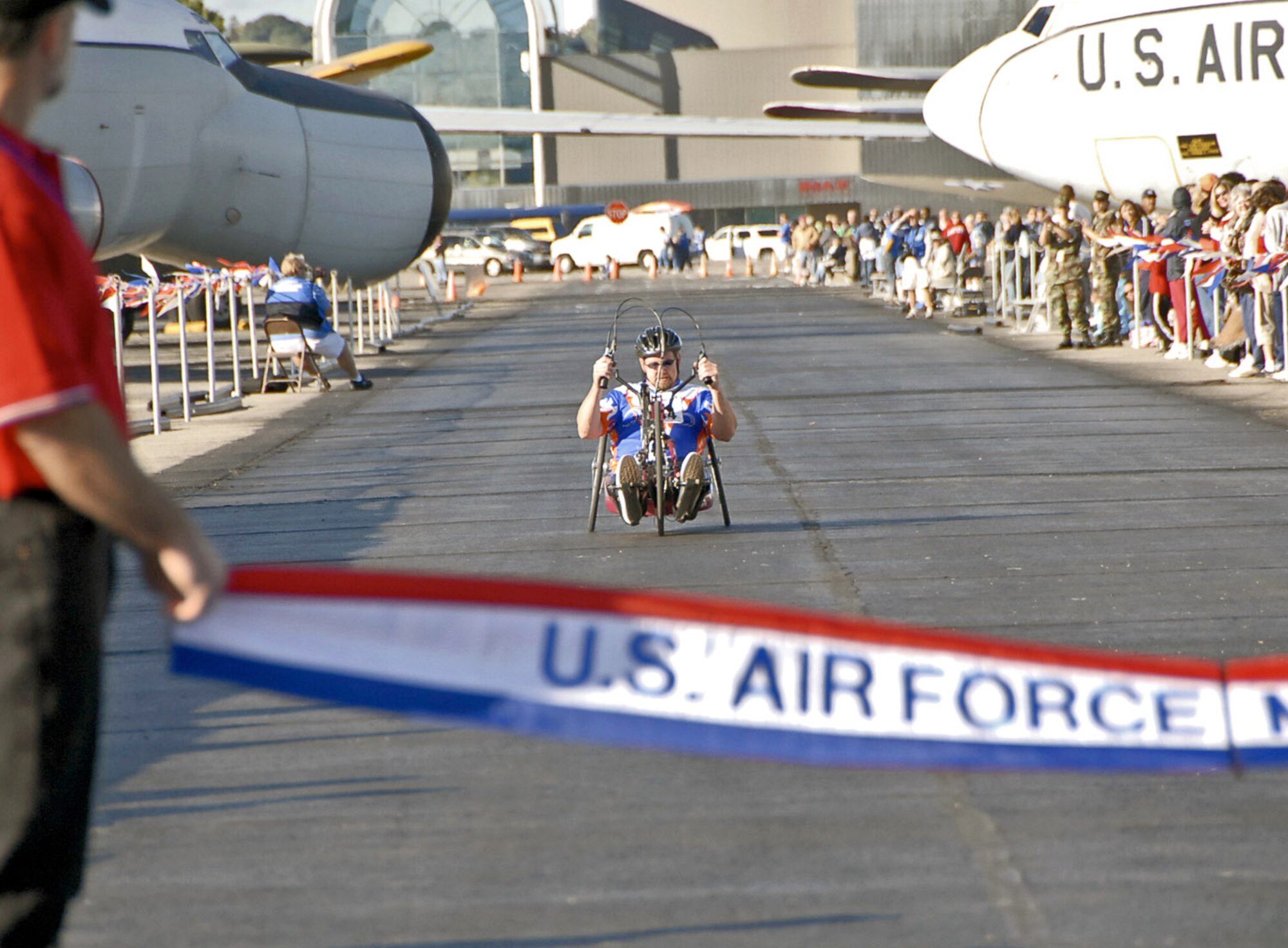Glen Ashlock of Dexter, Mich., approaches the finish line during the U.S. Air Force Marathon Sept. 15 at Wright-Patterson Air Force Base, Ohio. Ashlock won the wheelchair division with a time of 1:54:05. (U.S. Air Force photo/Christy Webb)
